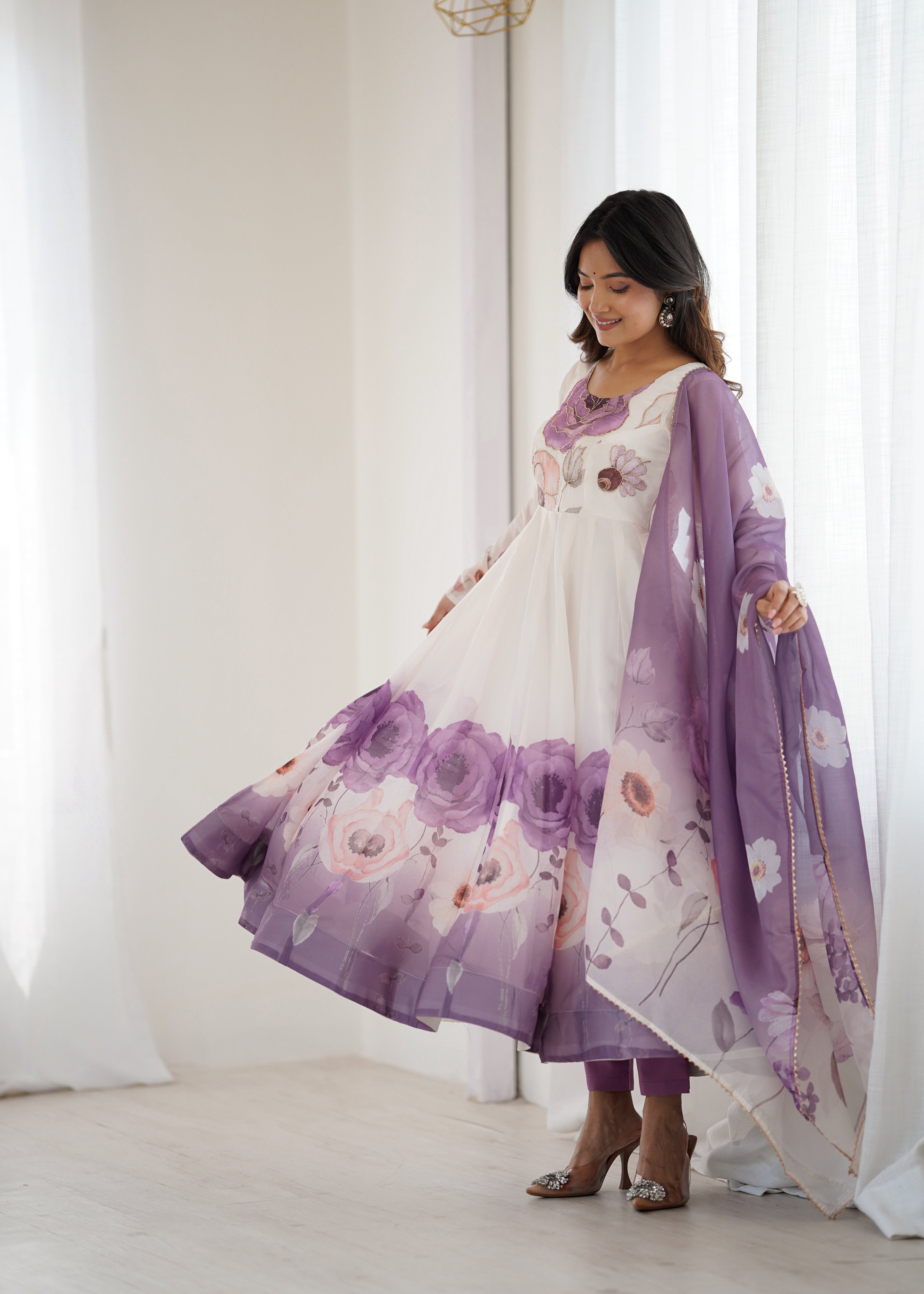 VIOLET FLORAL PRINT ORGANZA BASE ANARKALI SUIT SET