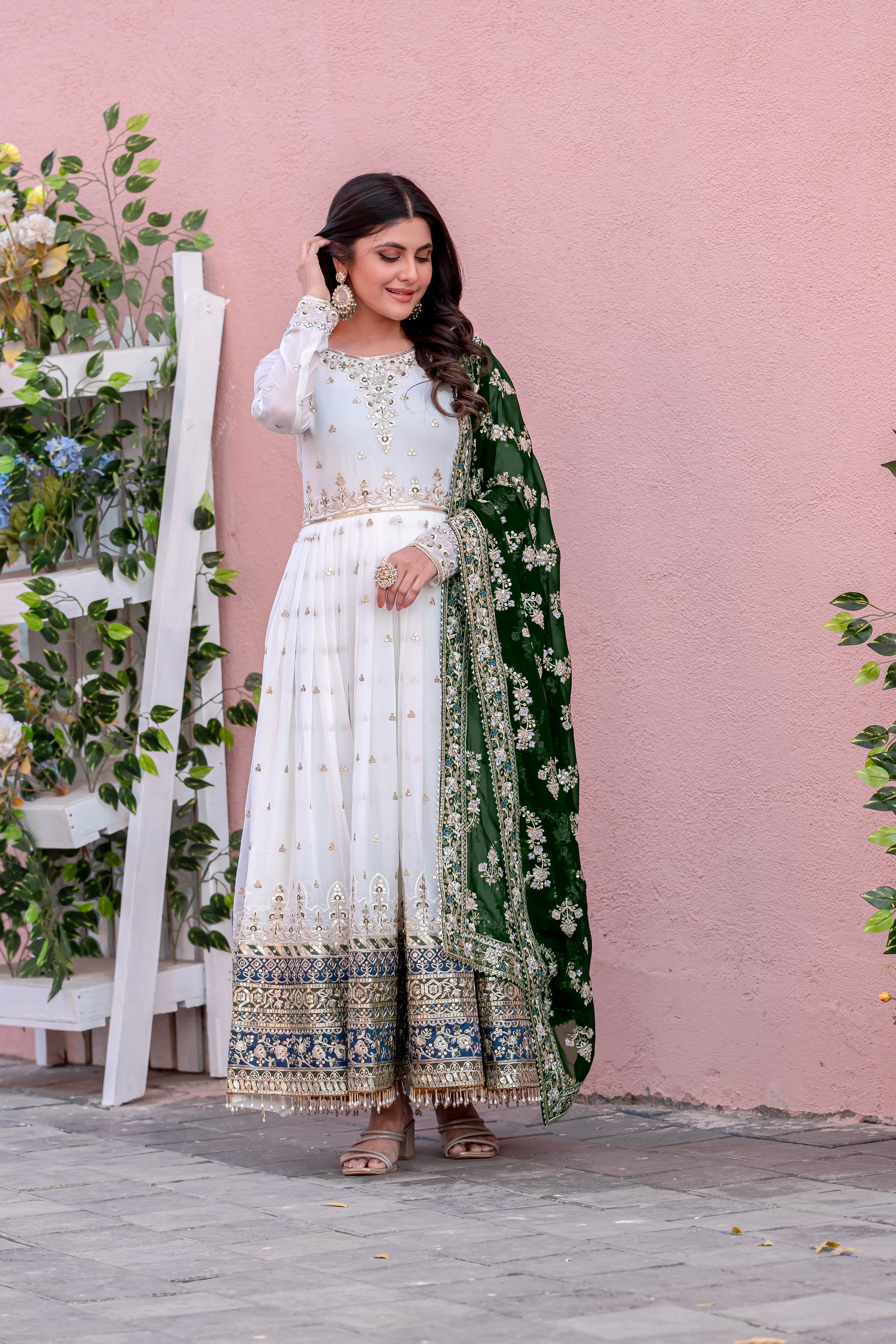 PARTY WEAR LOOK HEAVY FAUX GEOGETTE BASE GOWN WITH PANT & DUPATTA