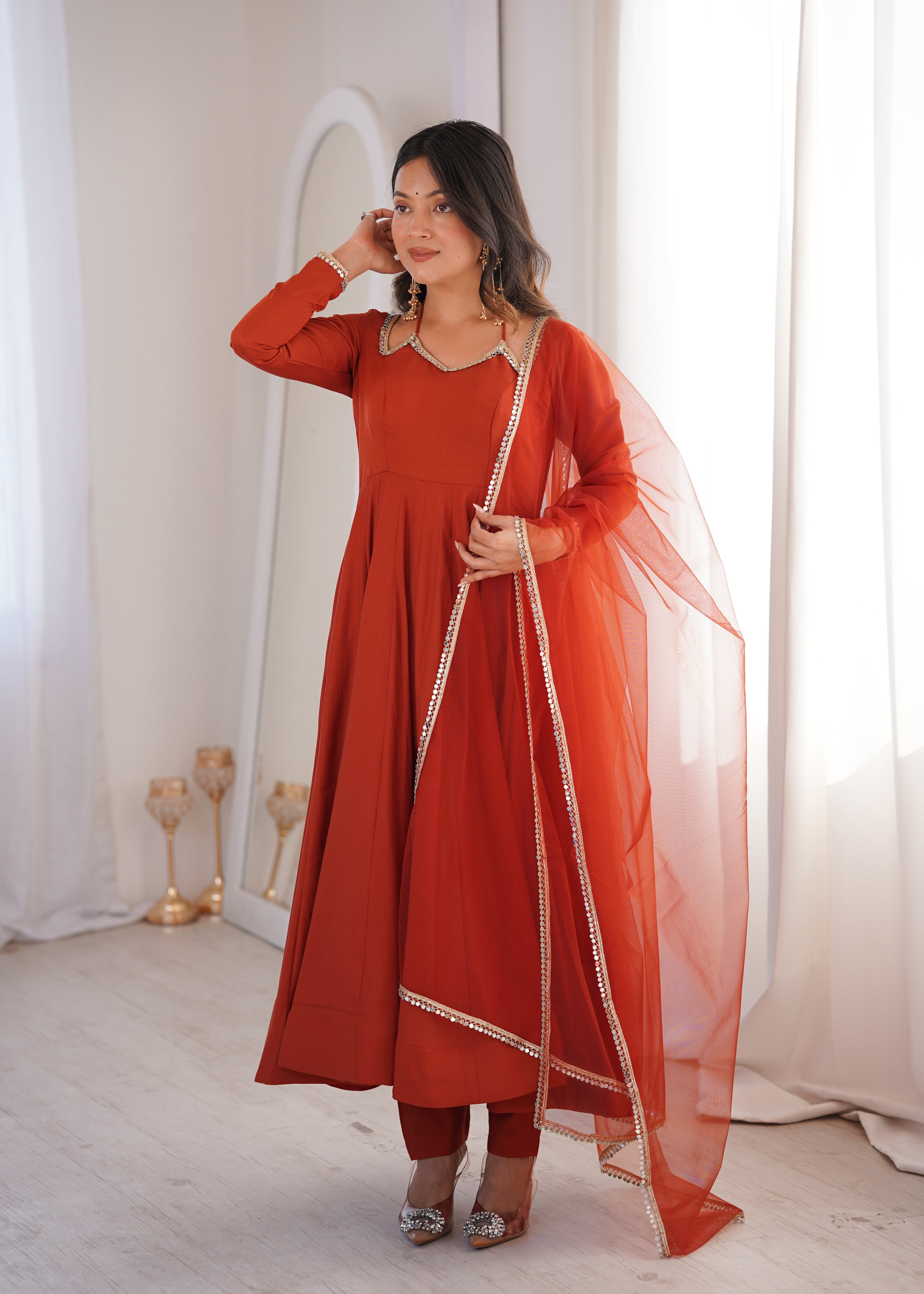 RUST RED COLOR FESTIVE SPECIAL ANARKALI SUIT SET