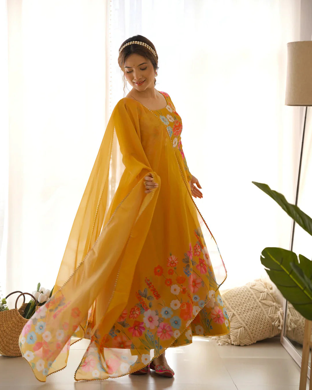 YELLOW COLOR FLORAL PRINT ORGANZA THREE PIECE ANARKALI SUIT