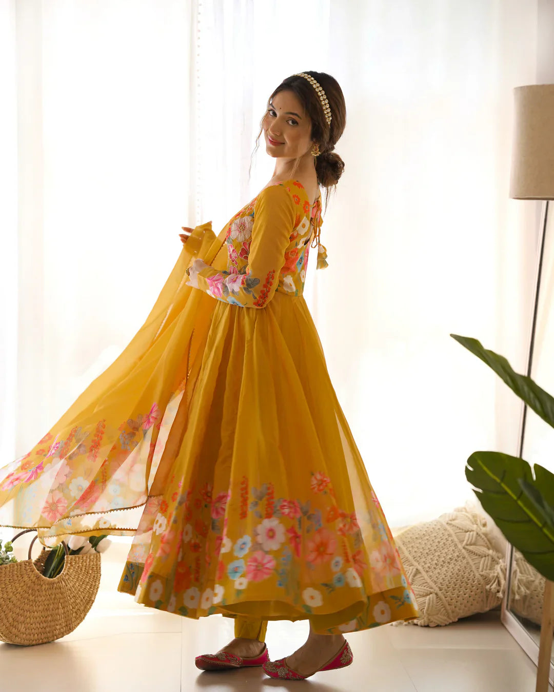 YELLOW COLOR FLORAL PRINT ORGANZA THREE PIECE ANARKALI SUIT
