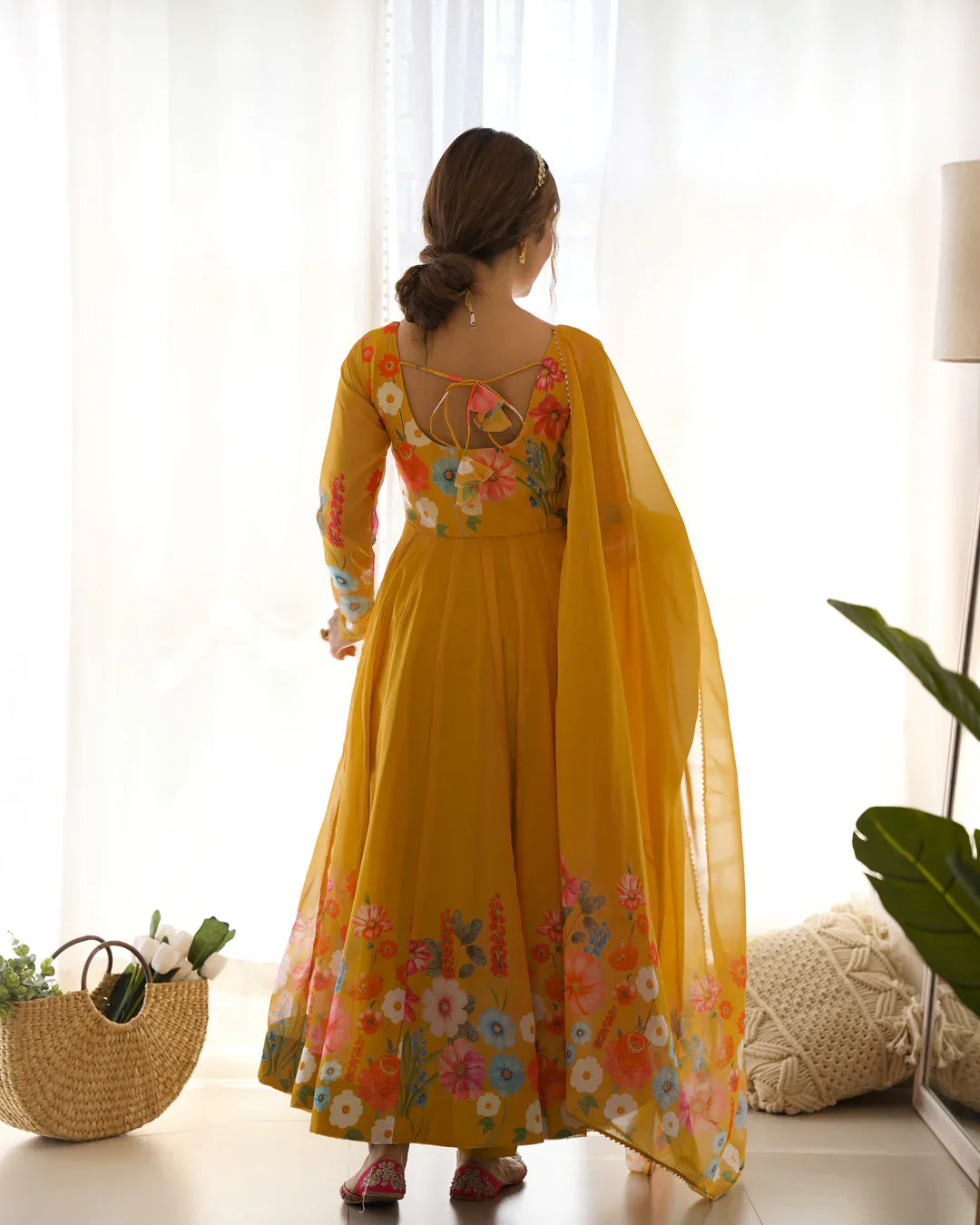 YELLOW COLOR FLORAL PRINT ORGANZA THREE PIECE ANARKALI SUIT
