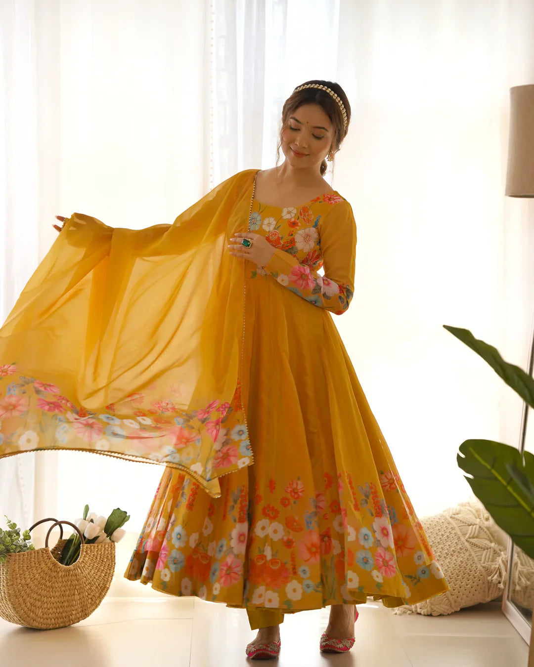 YELLOW COLOR FLORAL PRINT ORGANZA THREE PIECE ANARKALI SUIT