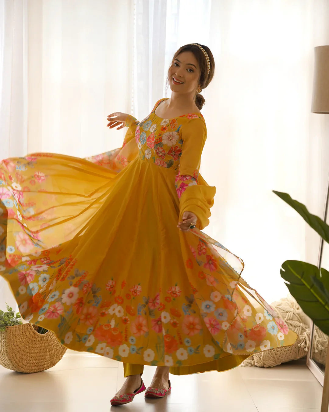 YELLOW COLOR FLORAL PRINT ORGANZA THREE PIECE ANARKALI SUIT