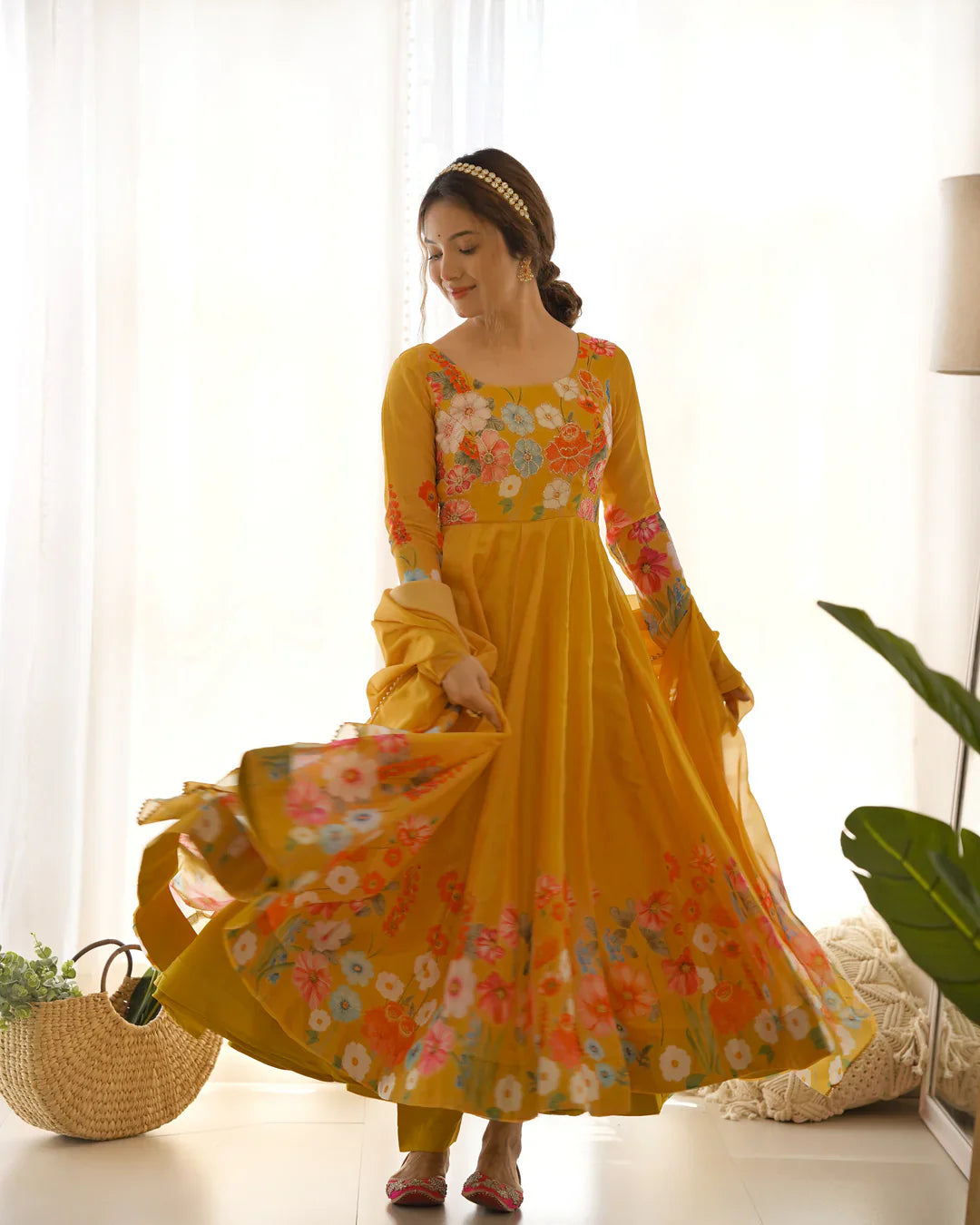 YELLOW COLOR FLORAL PRINT ORGANZA THREE PIECE ANARKALI SUIT