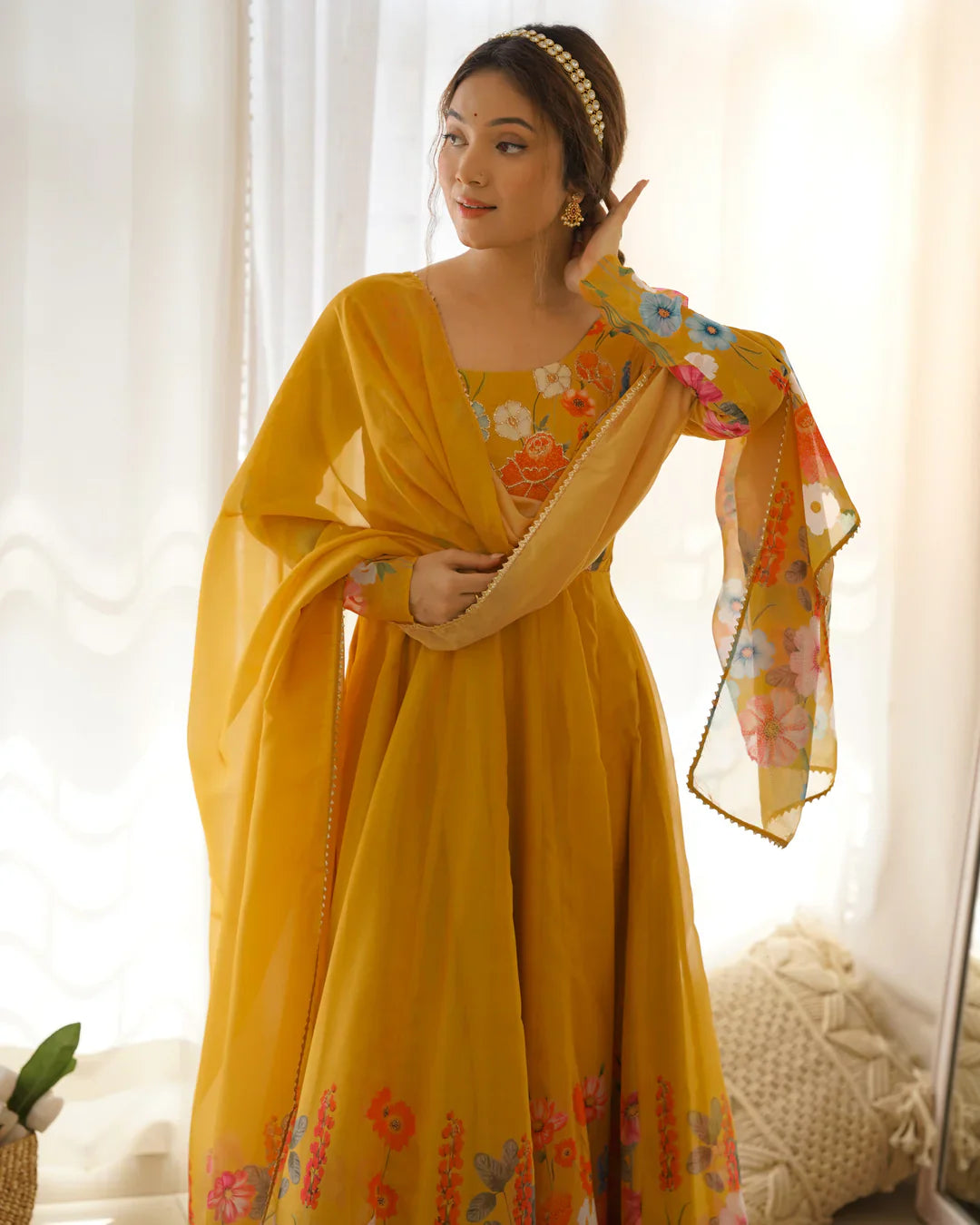 YELLOW COLOR FLORAL PRINT ORGANZA THREE PIECE ANARKALI SUIT