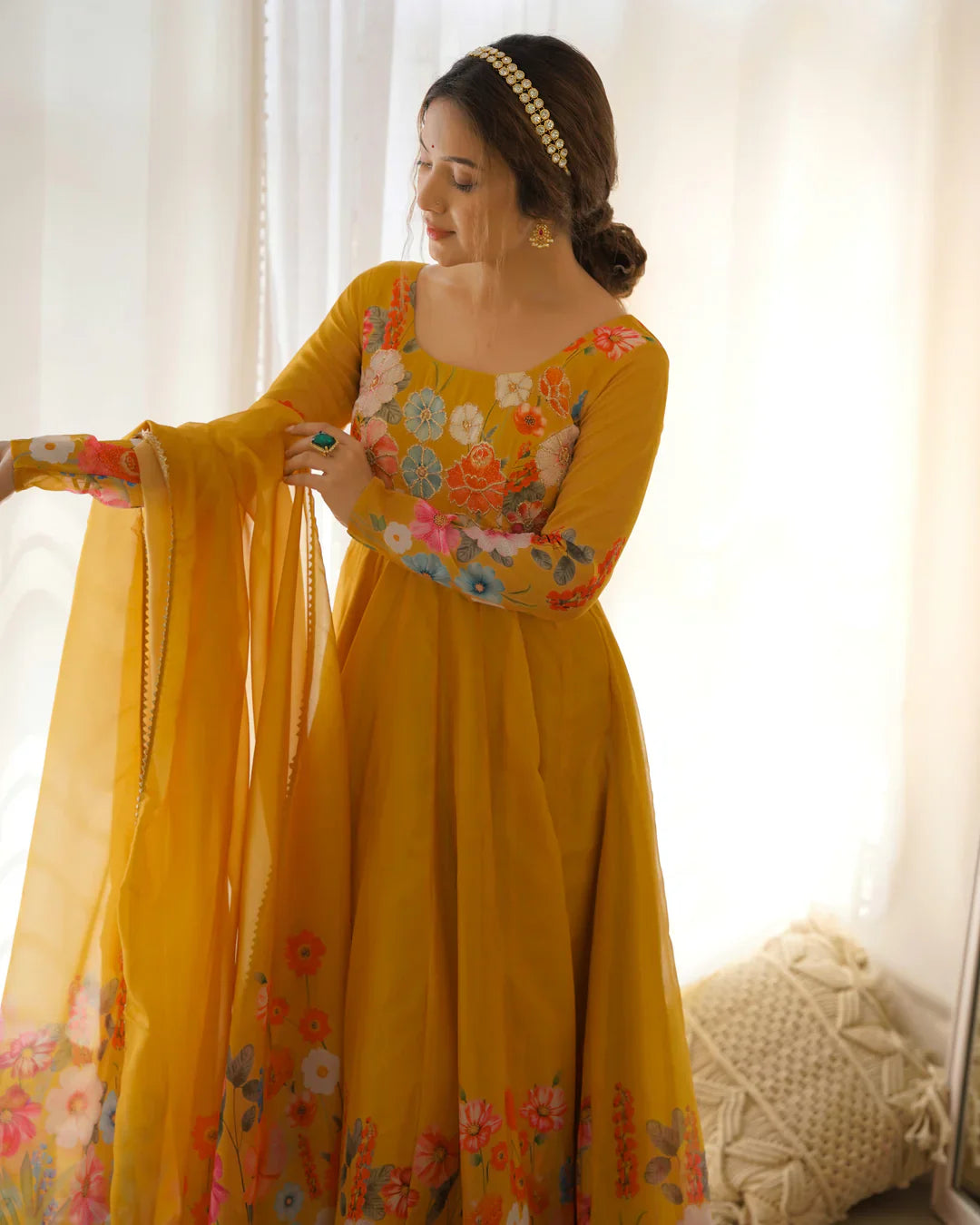 YELLOW COLOR FLORAL PRINT ORGANZA THREE PIECE ANARKALI SUIT