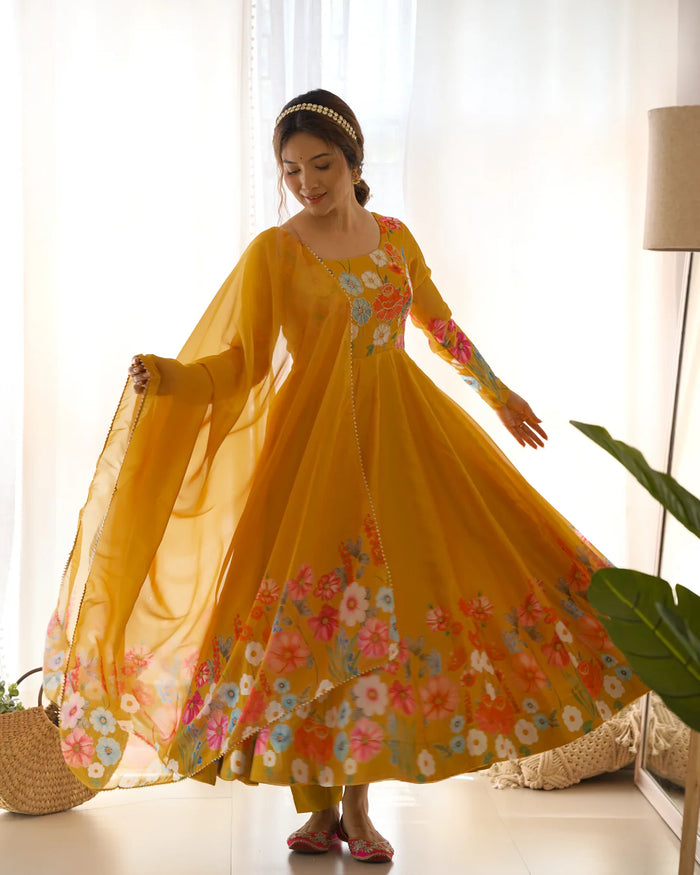YELLOW COLOR FLORAL PRINT ORGANZA THREE PIECE ANARKALI SUIT