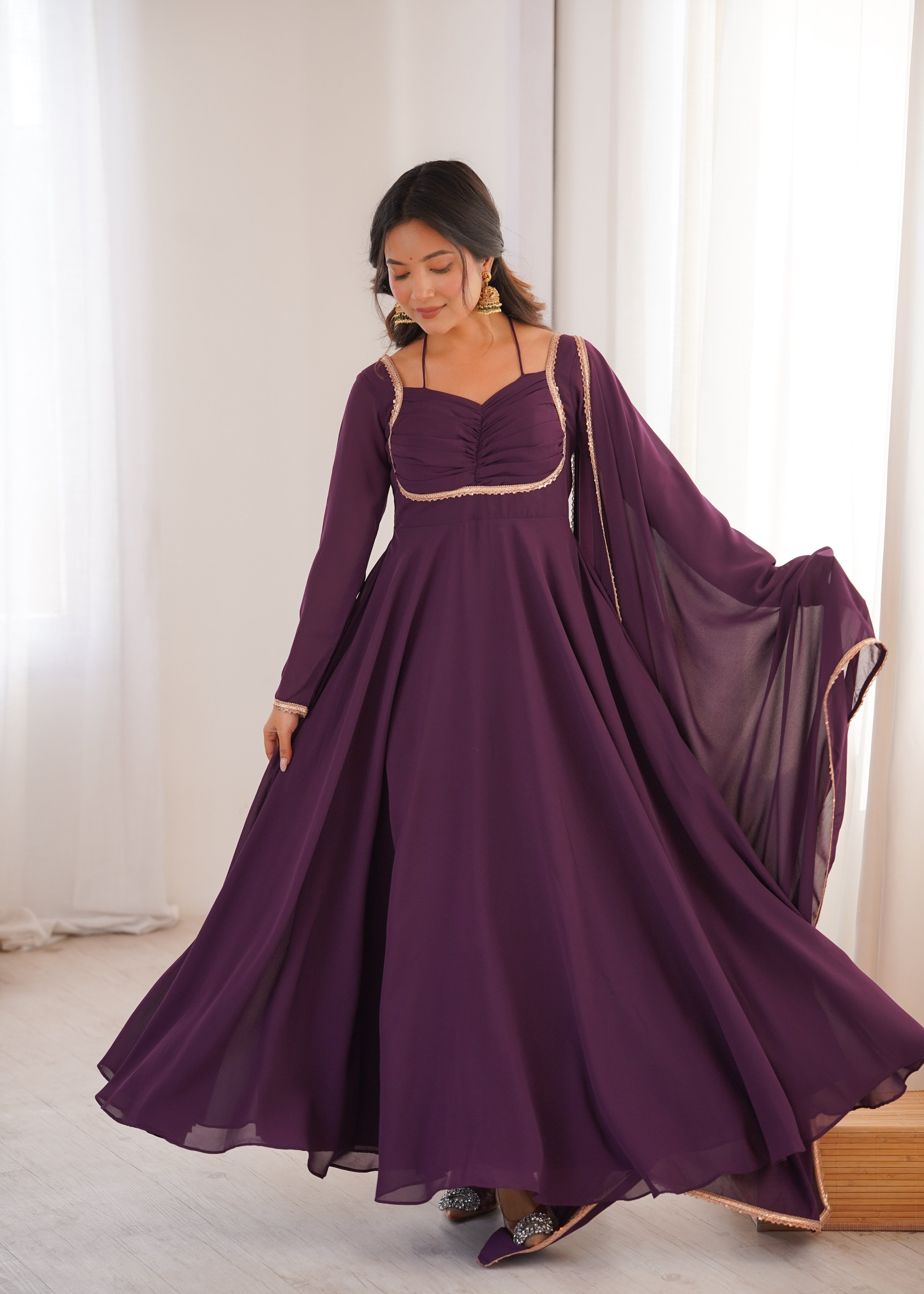 WINE COLOR PURE BLOOMING GEORGETTE ANARKALI GOWN