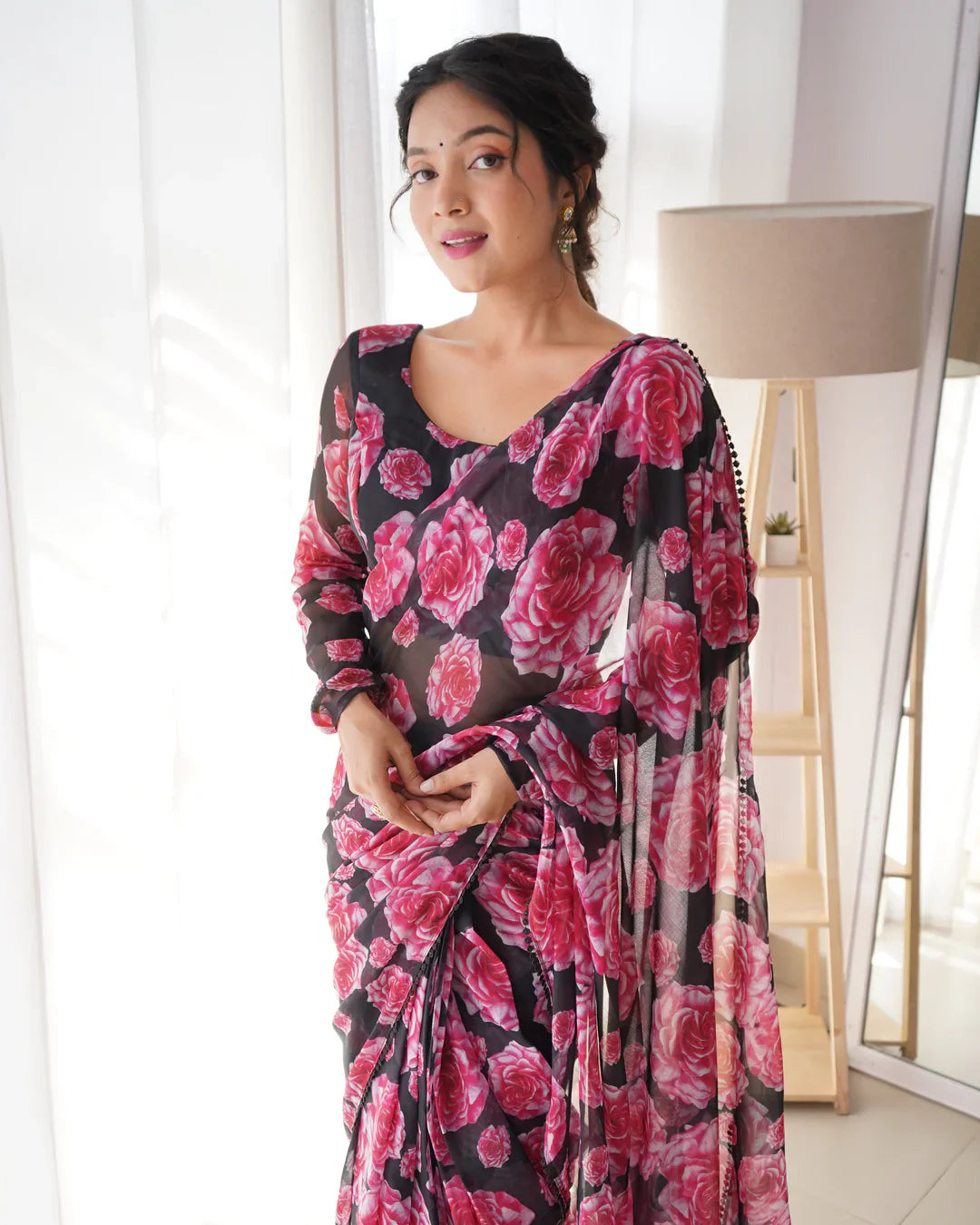 FLORAL WINE COLOUR CHIFFON PRE DRAPPED SAREE