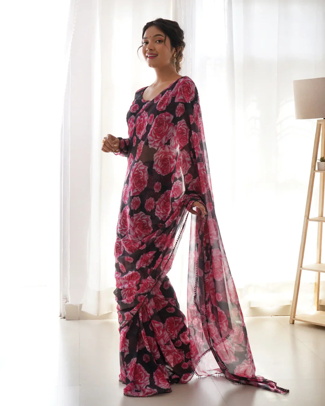 FLORAL WINE COLOUR CHIFFON PRE DRAPPED SAREE