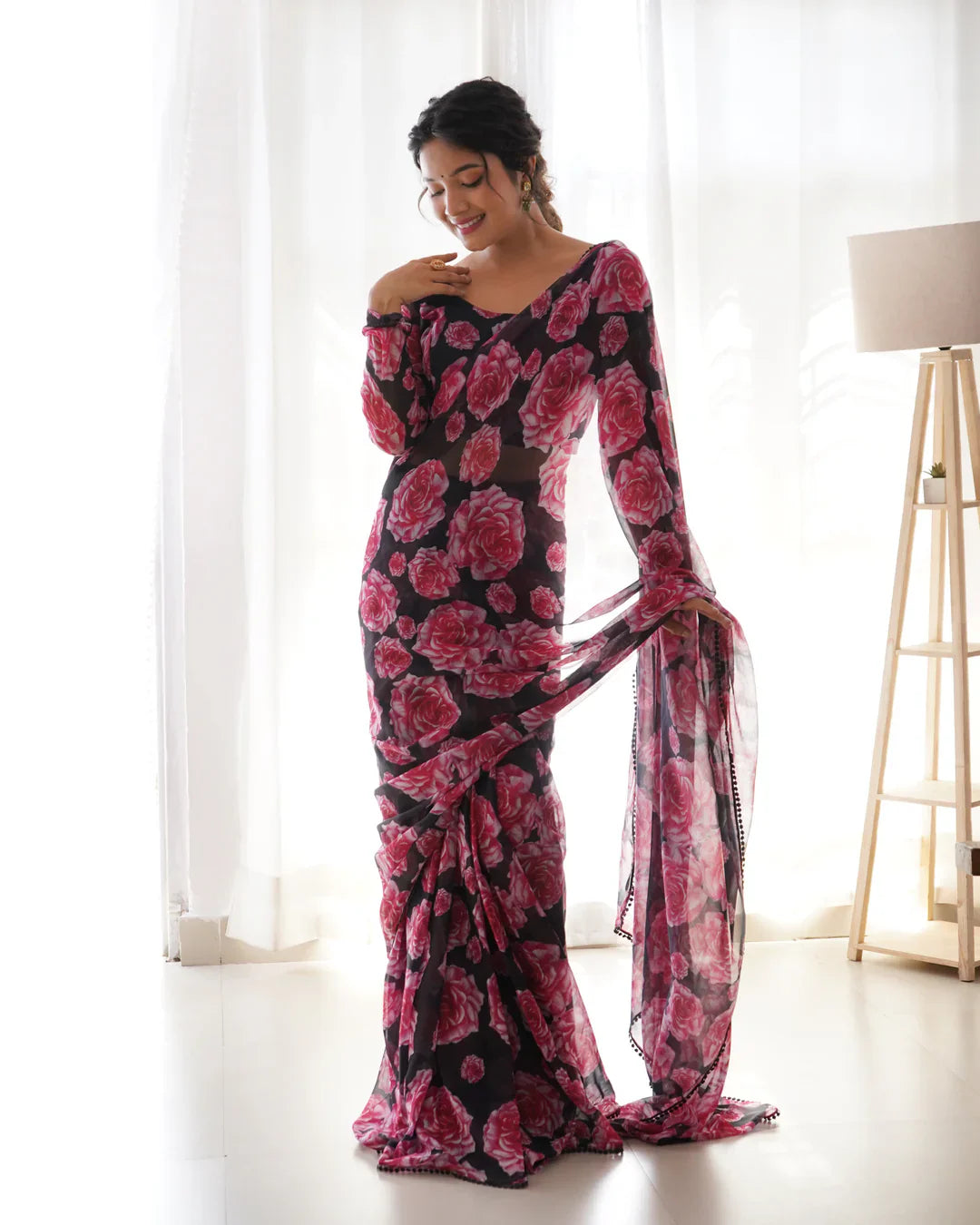 FLORAL WINE COLOUR CHIFFON PRE DRAPPED SAREE