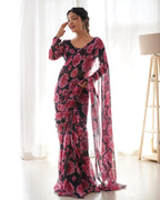 FLORAL WINE COLOUR CHIFFON PRE DRAPPED SAREE