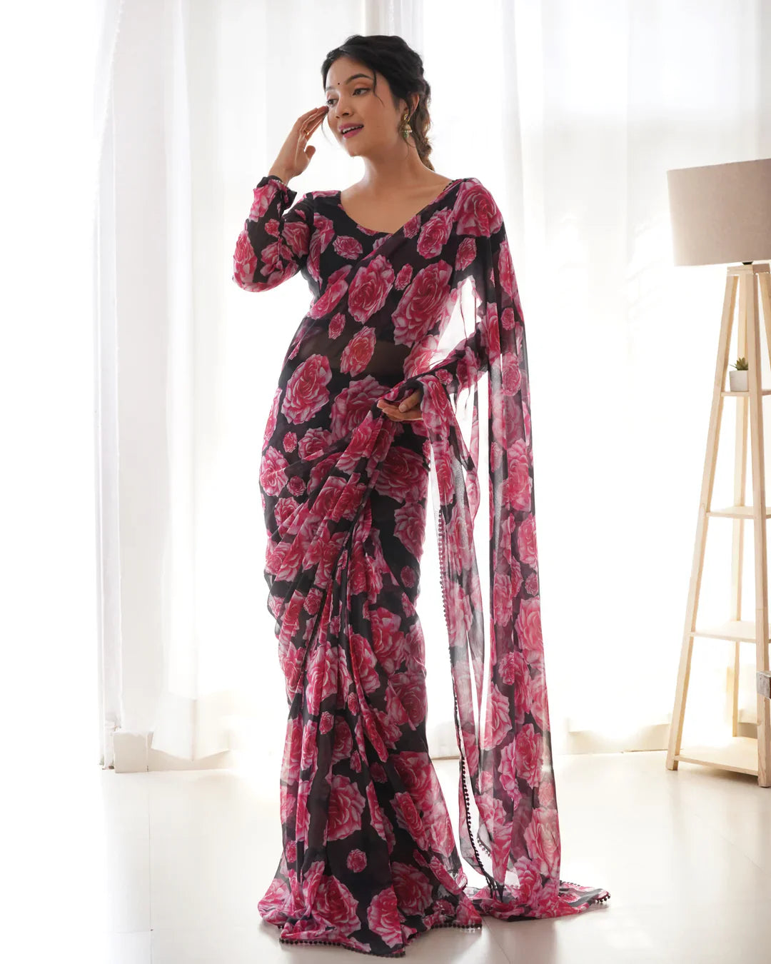 FLORAL WINE COLOUR CHIFFON PRE DRAPPED SAREE