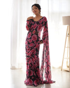 FLORAL WINE COLOUR CHIFFON PRE DRAPPED SAREE