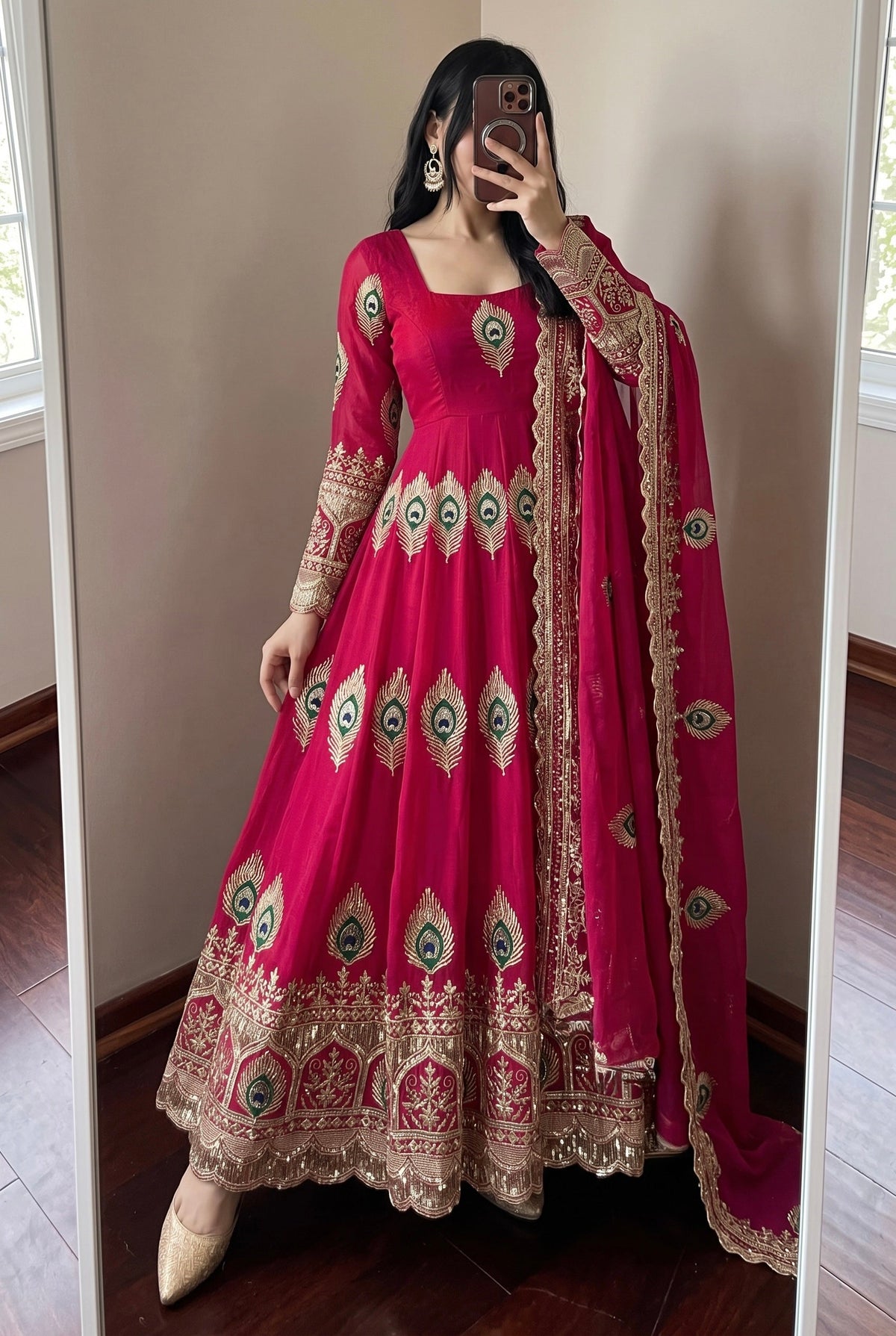 DESIGNER PINK PEACOCK EMBROIDERED FLARED ANARKALI SUIT SET