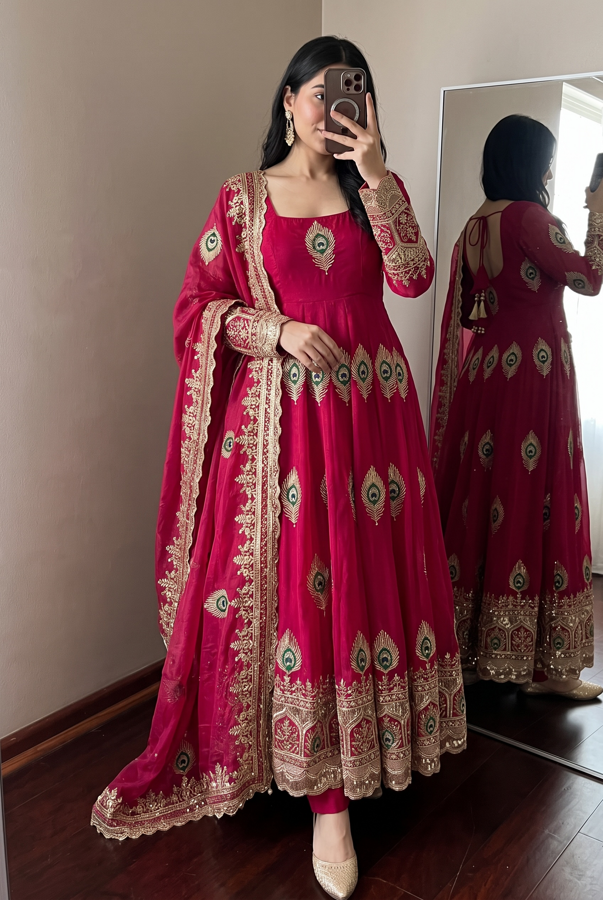 DESIGNER PINK PEACOCK EMBROIDERED FLARED ANARKALI SUIT SET