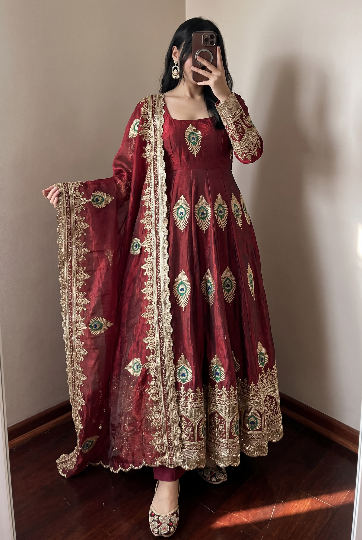 DESIGNER MAROON PEACOCK EMBROIDERED FLARED ANARKALI SUIT SET