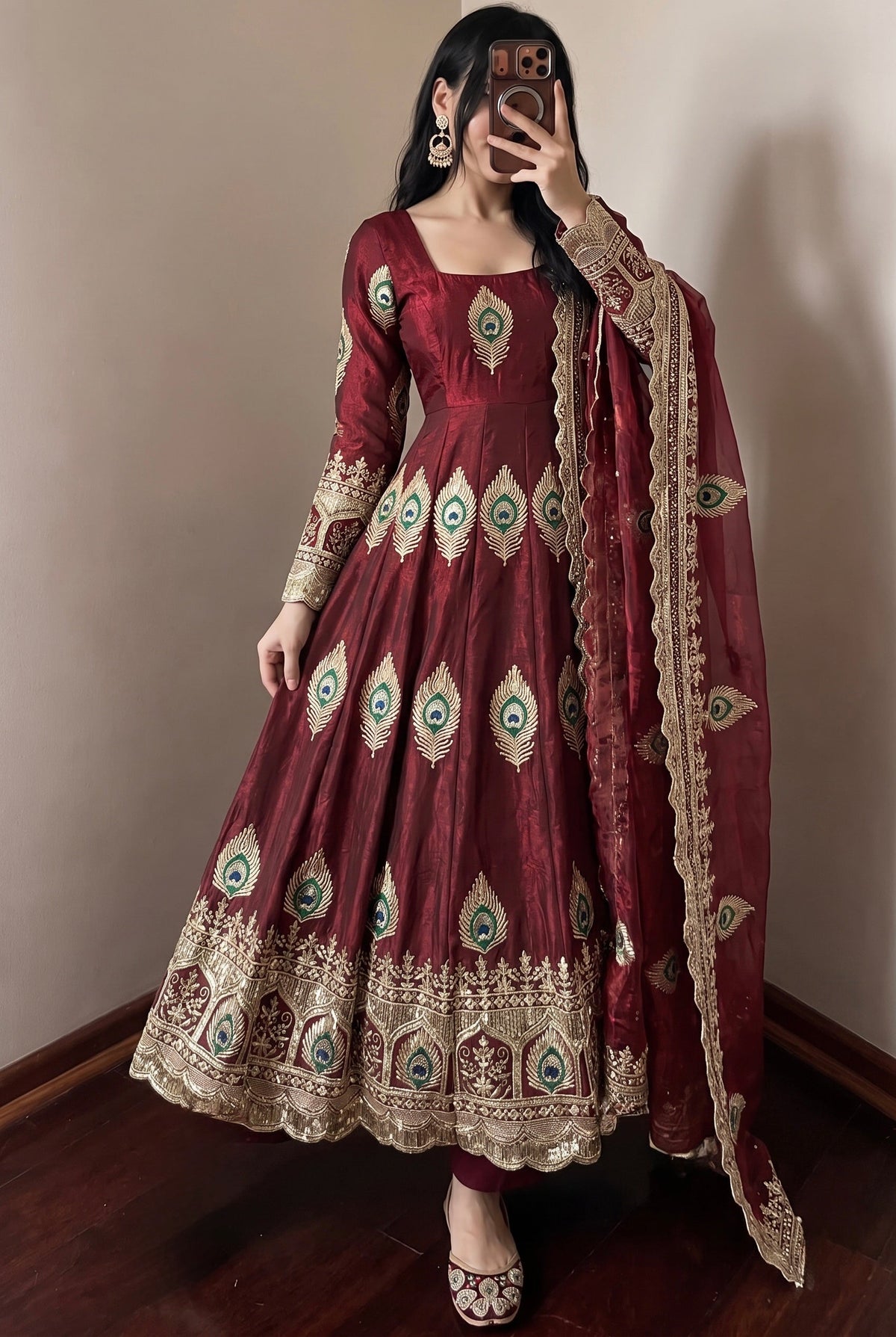 DESIGNER MAROON PEACOCK EMBROIDERED FLARED ANARKALI SUIT SET