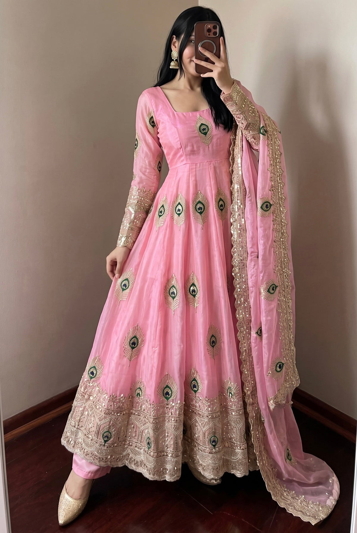 DESIGNER BABY PINK PEACOCK EMBROIDERED FLARED ANARKALI SUIT SET