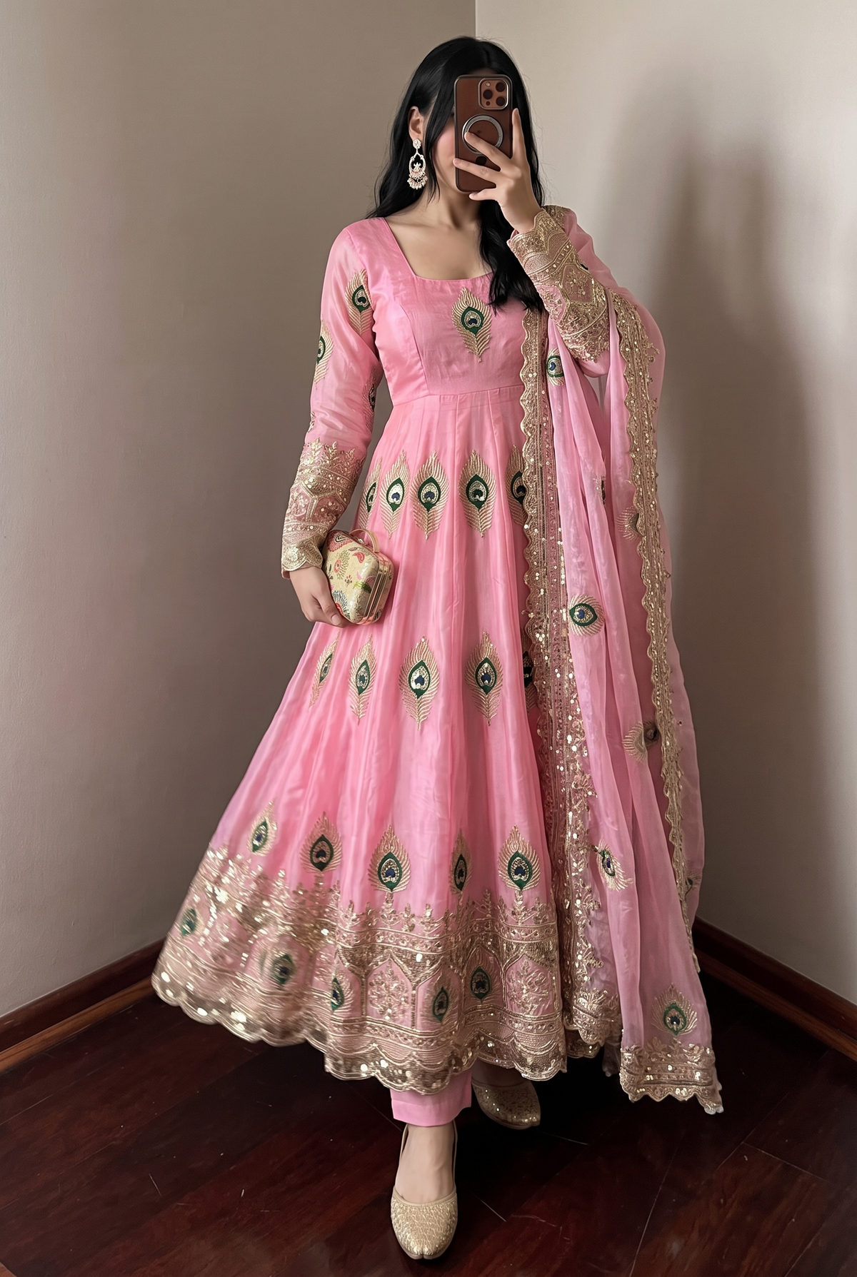 DESIGNER BABY PINK PEACOCK EMBROIDERED FLARED ANARKALI SUIT SET