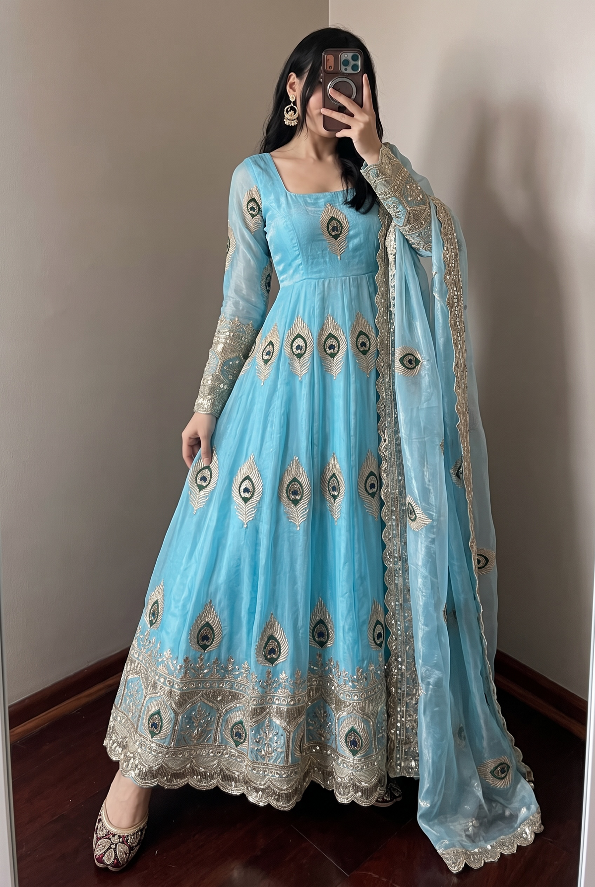 DESIGNER SKY BLUE PEACOCK EMBROIDERED FLARED ANARKALI SUIT SET