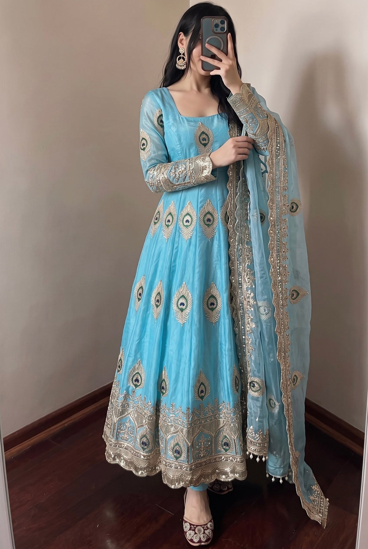 DESIGNER SKY BLUE PEACOCK EMBROIDERED FLARED ANARKALI SUIT SET