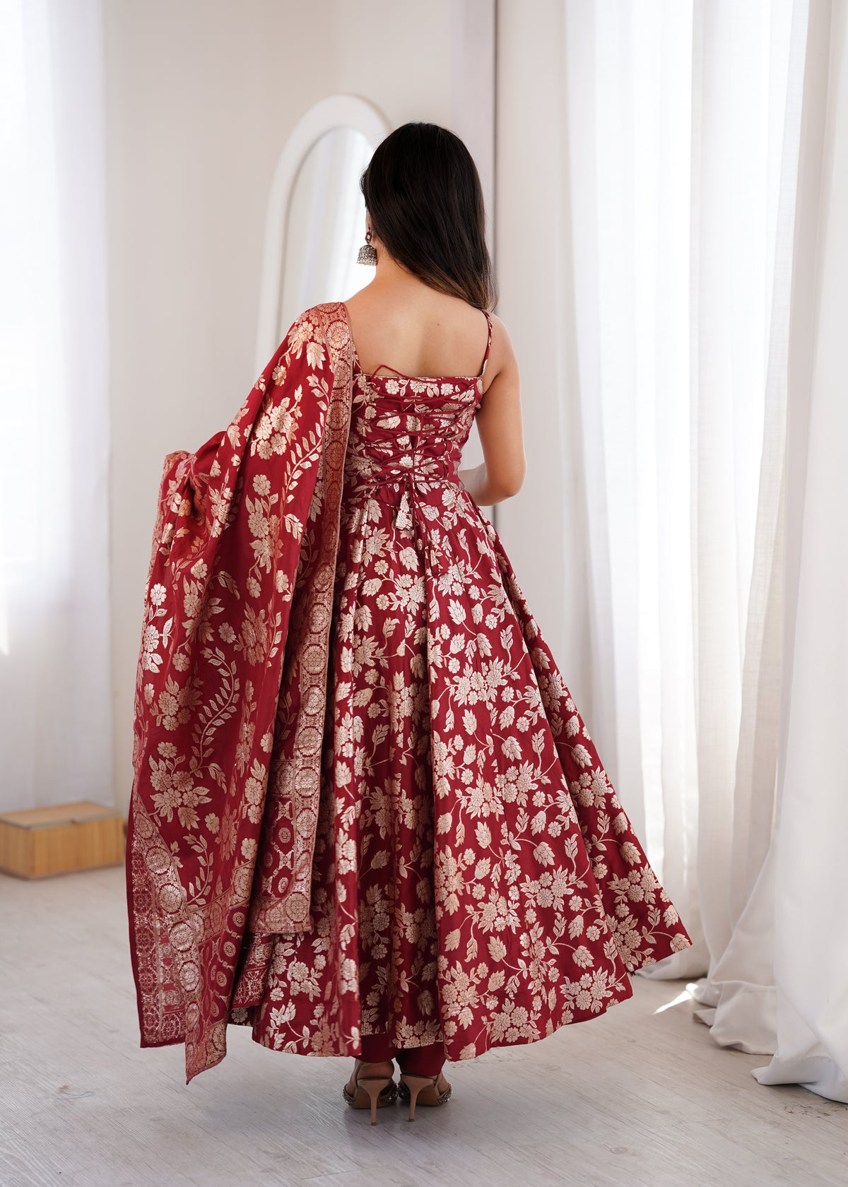 MAROON BANARASI JACQUARD DOLA SILK ANARKALI SUIT