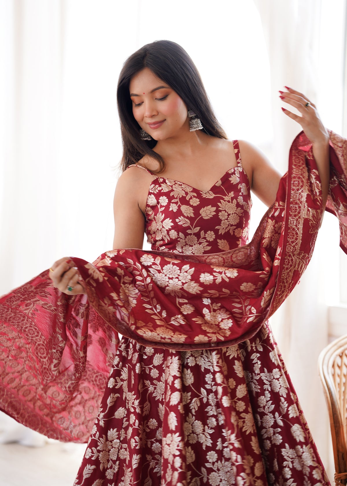 MAROON BANARASI JACQUARD DOLA SILK ANARKALI SUIT