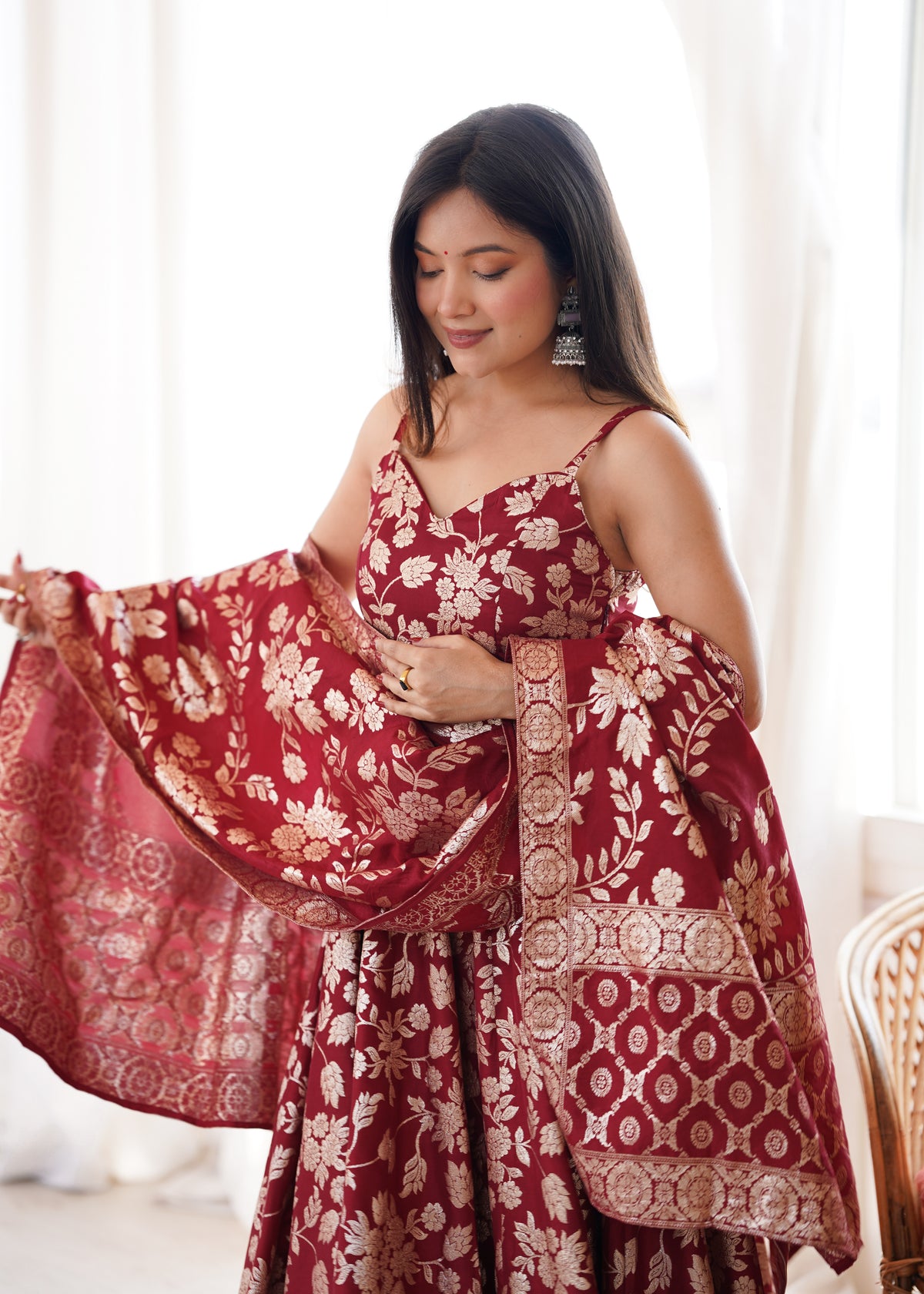MAROON BANARASI JACQUARD DOLA SILK ANARKALI SUIT