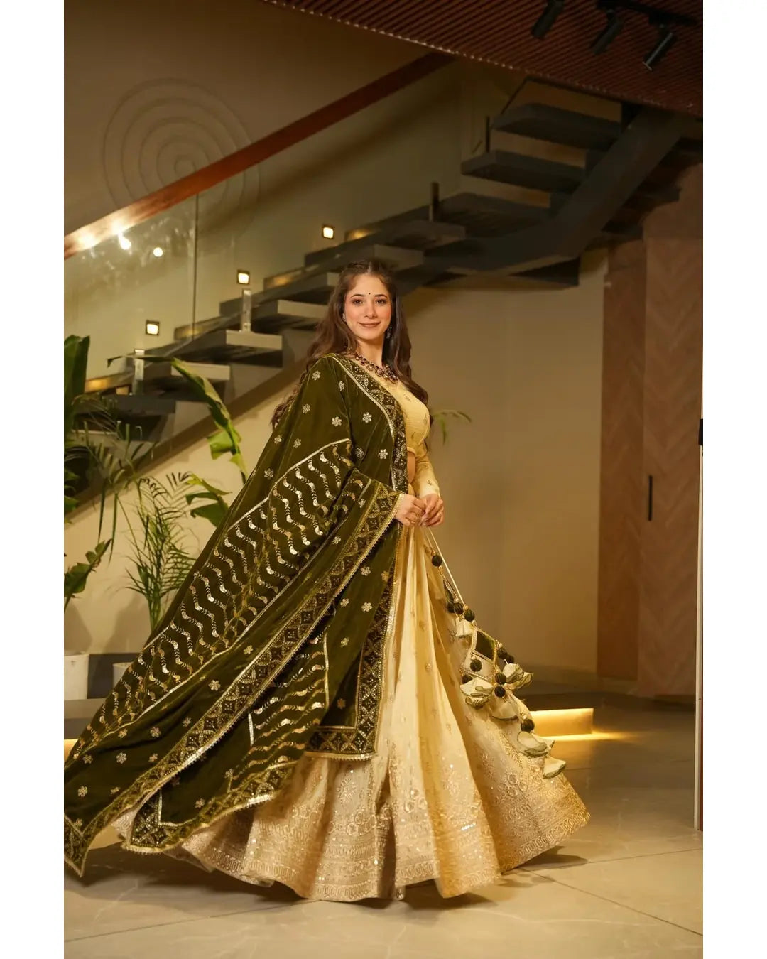 BEIGE COLOR SILKYANI SLAB FABRIC BASE HEAVY EMBROIDERY THREAD & SEQUENCE WORK LEHENGA CHOLI