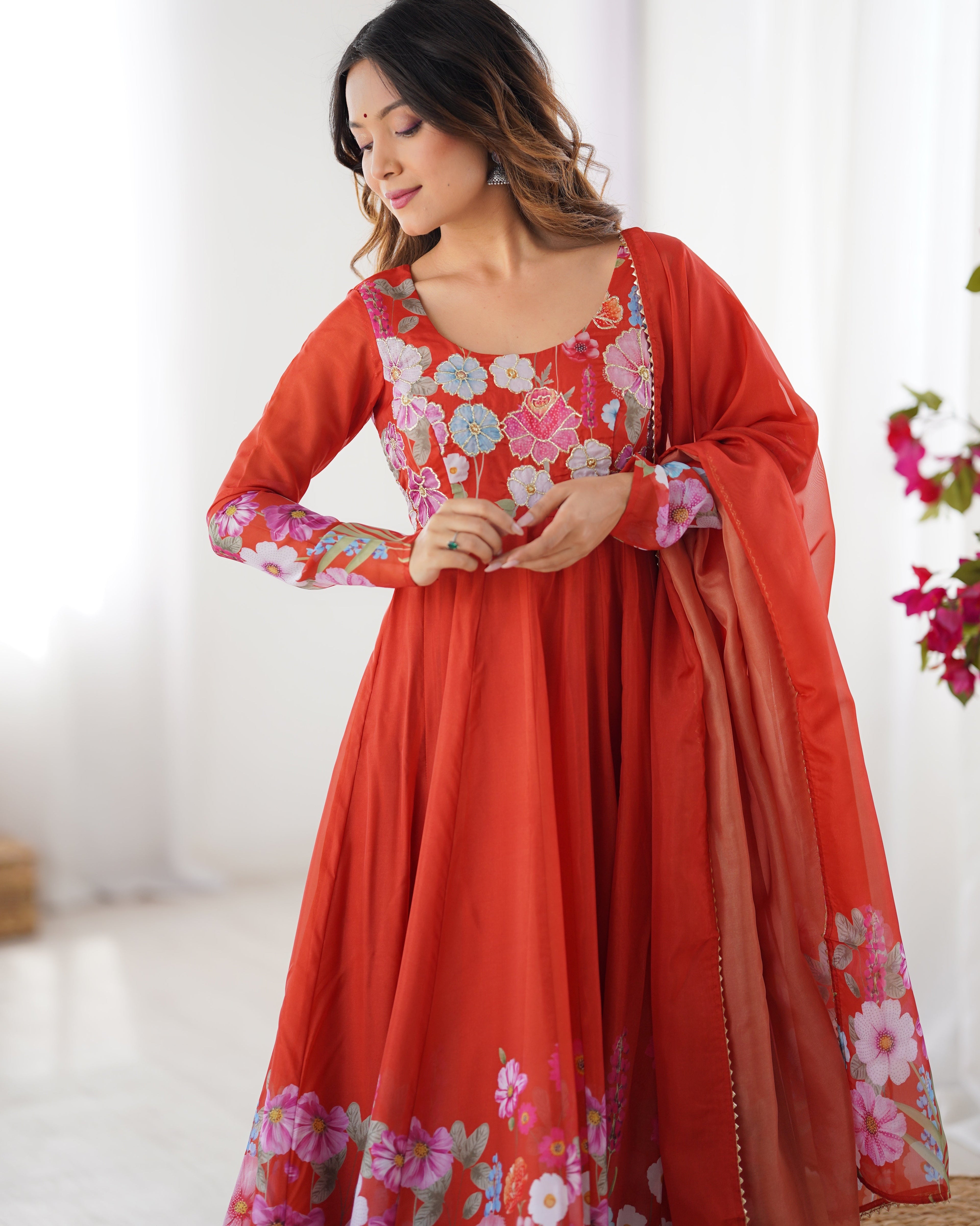 RUST ORANGE FLORAL PRINT ORGANZA THREE PIECE ANARKALI SUIT