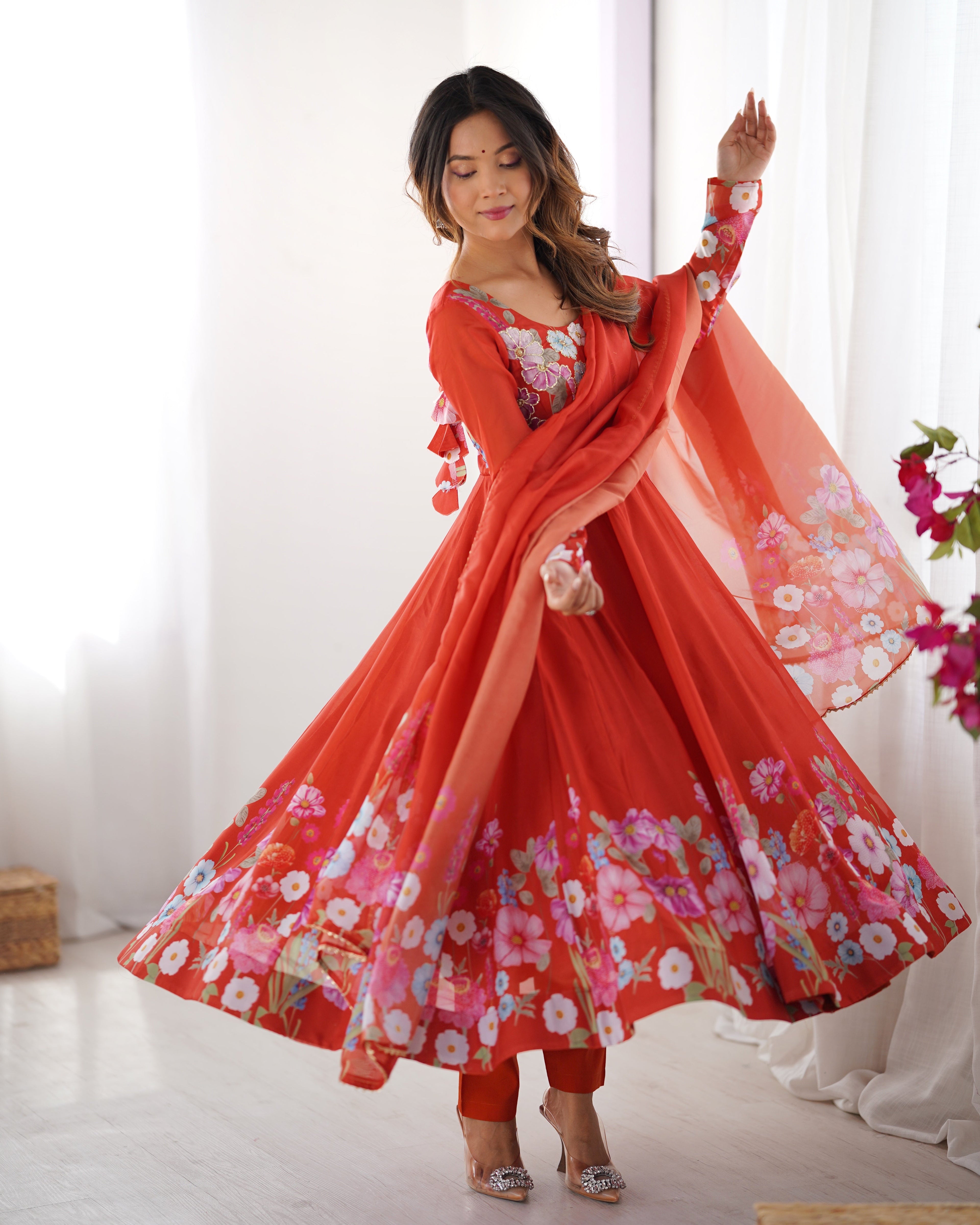 RUST ORANGE FLORAL PRINT ORGANZA THREE PIECE ANARKALI SUIT