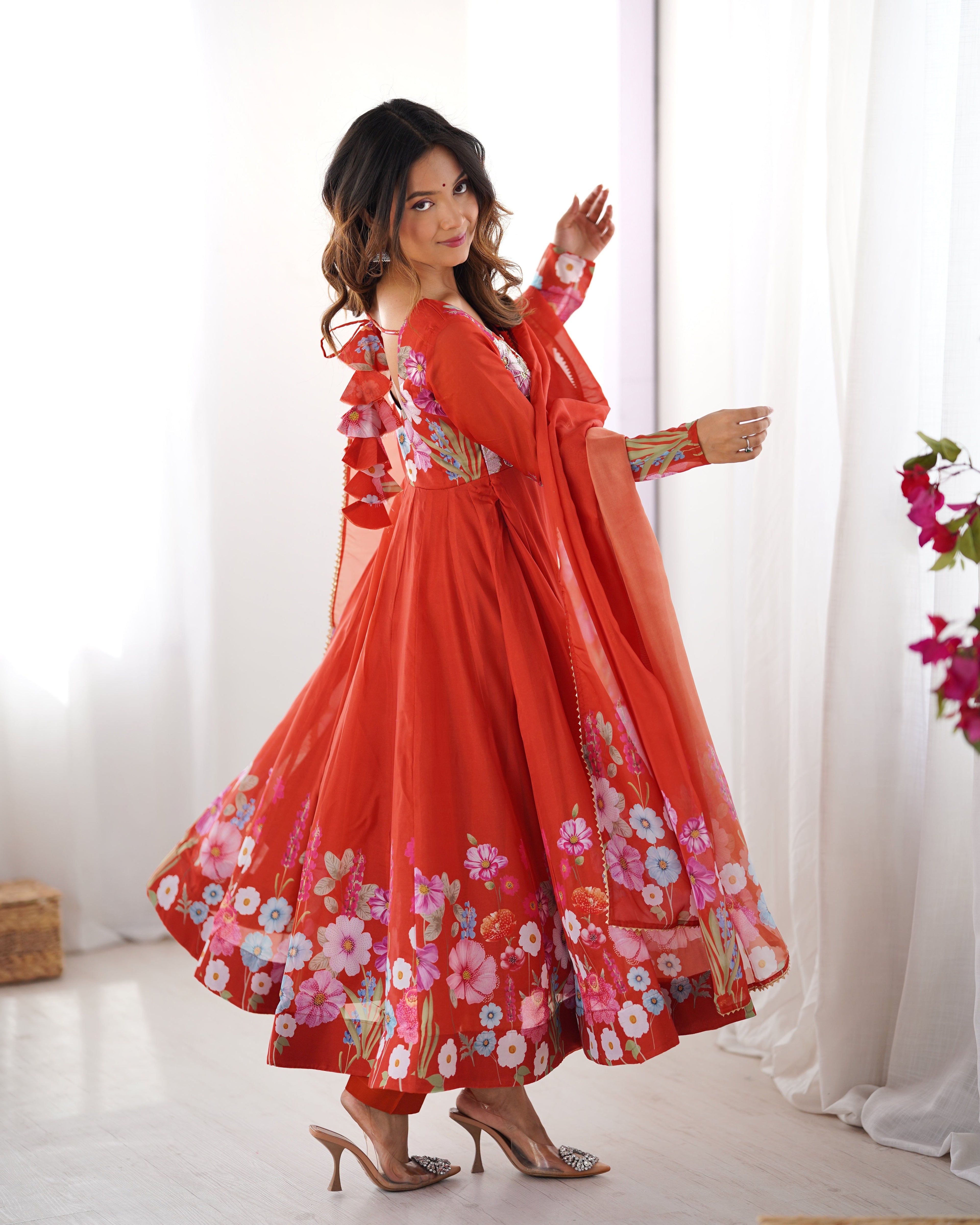 RUST ORANGE FLORAL PRINT ORGANZA THREE PIECE ANARKALI SUIT