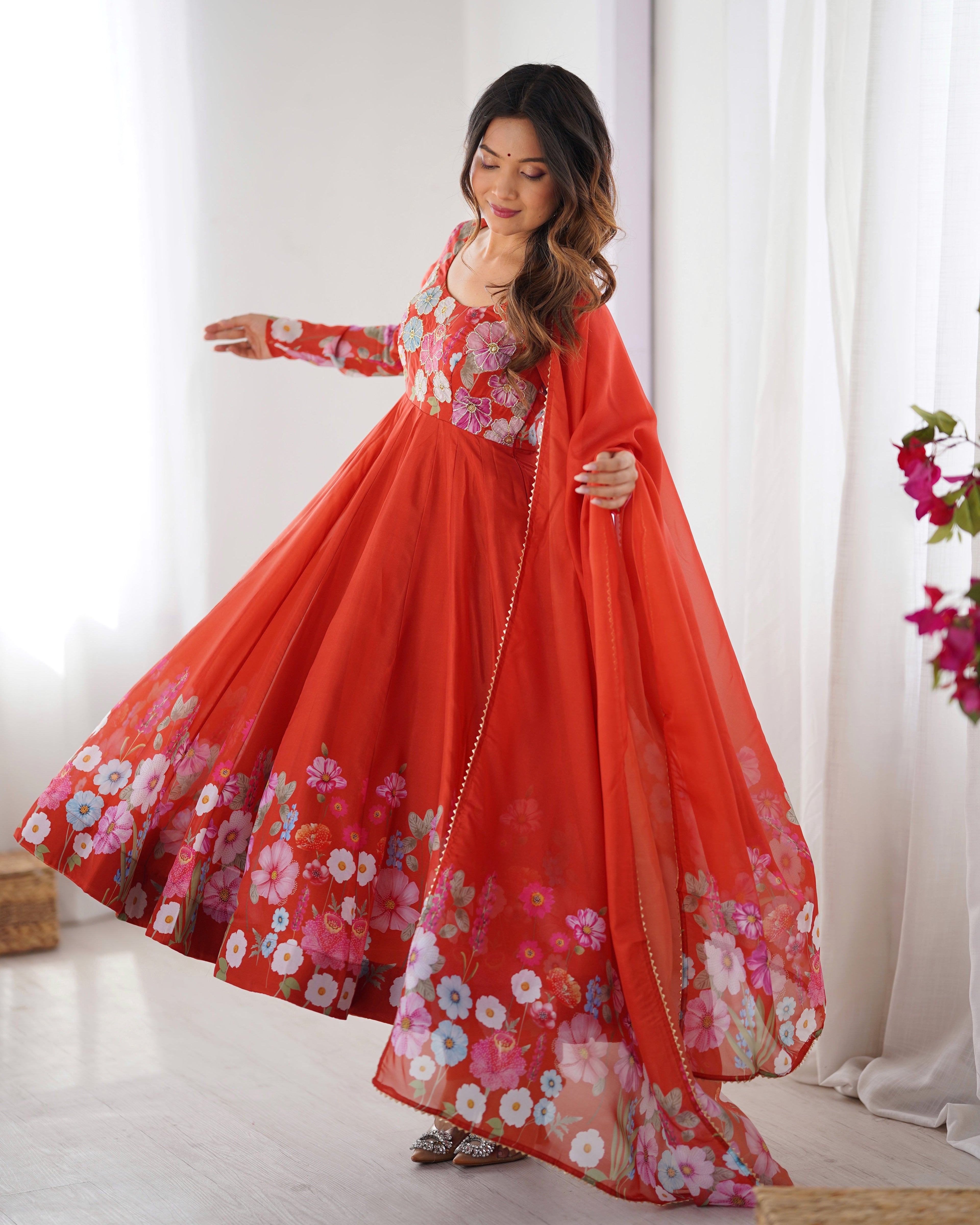 RUST ORANGE FLORAL PRINT ORGANZA THREE PIECE ANARKALI SUIT