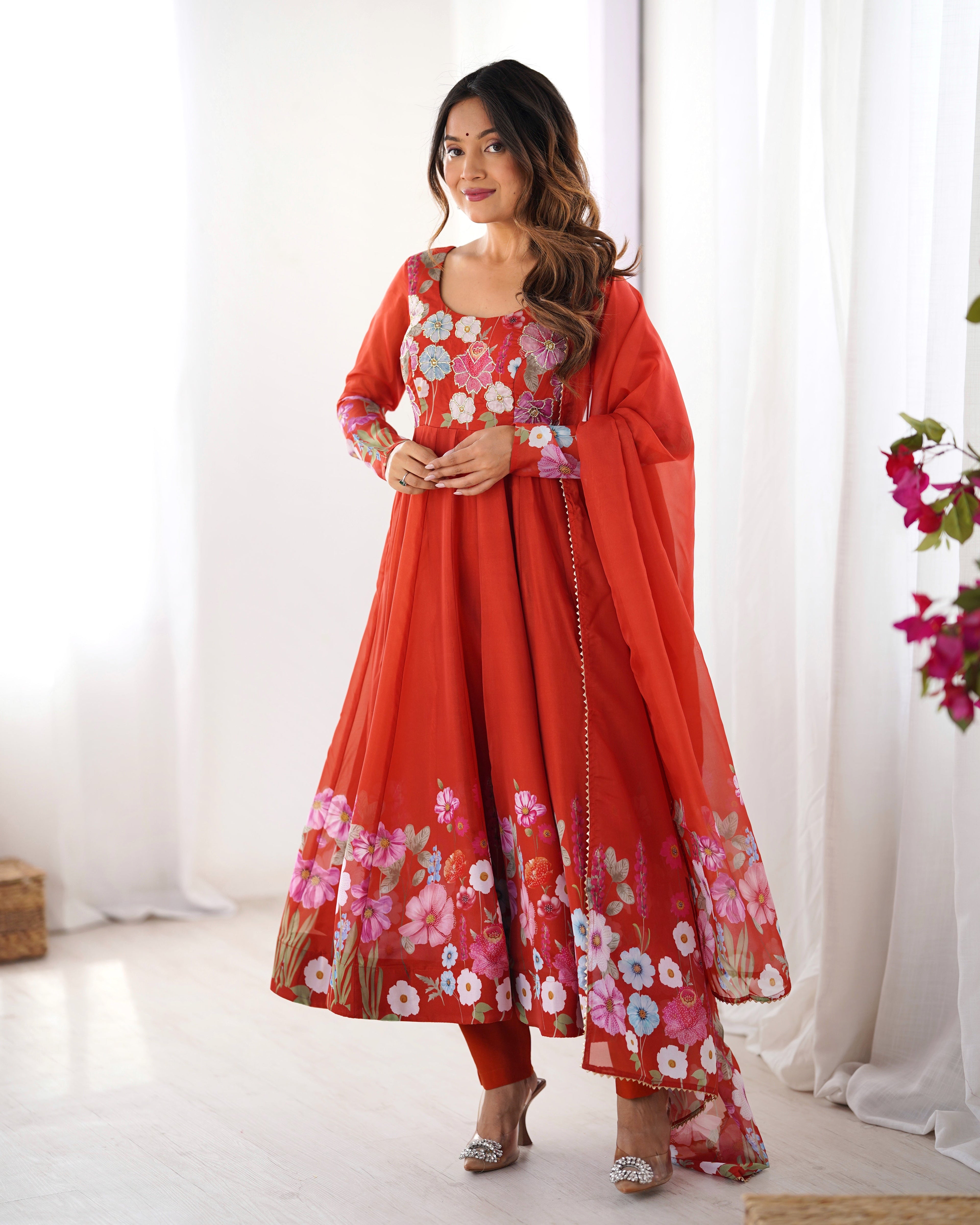 RUST ORANGE FLORAL PRINT ORGANZA THREE PIECE ANARKALI SUIT