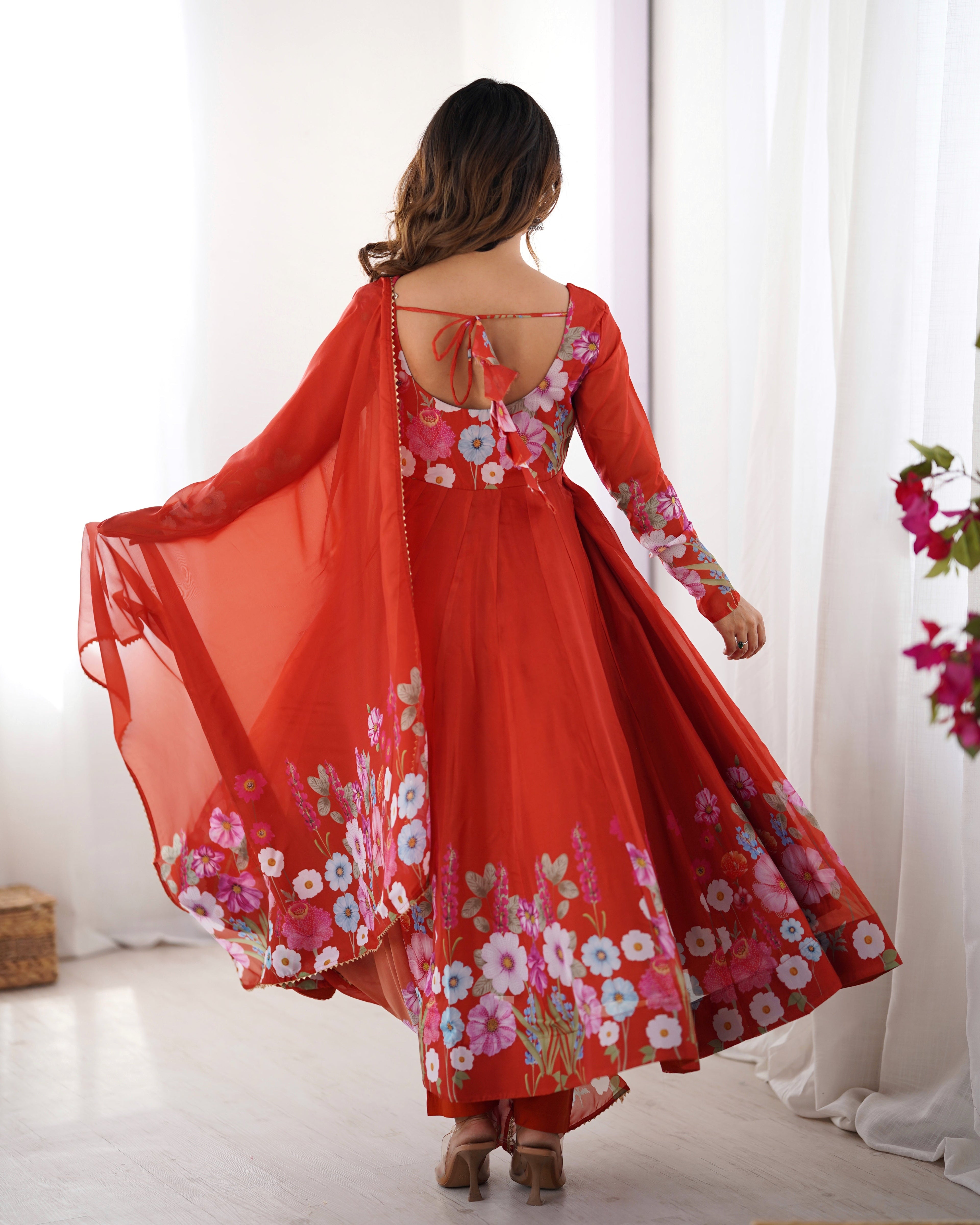 RUST ORANGE FLORAL PRINT ORGANZA THREE PIECE ANARKALI SUIT