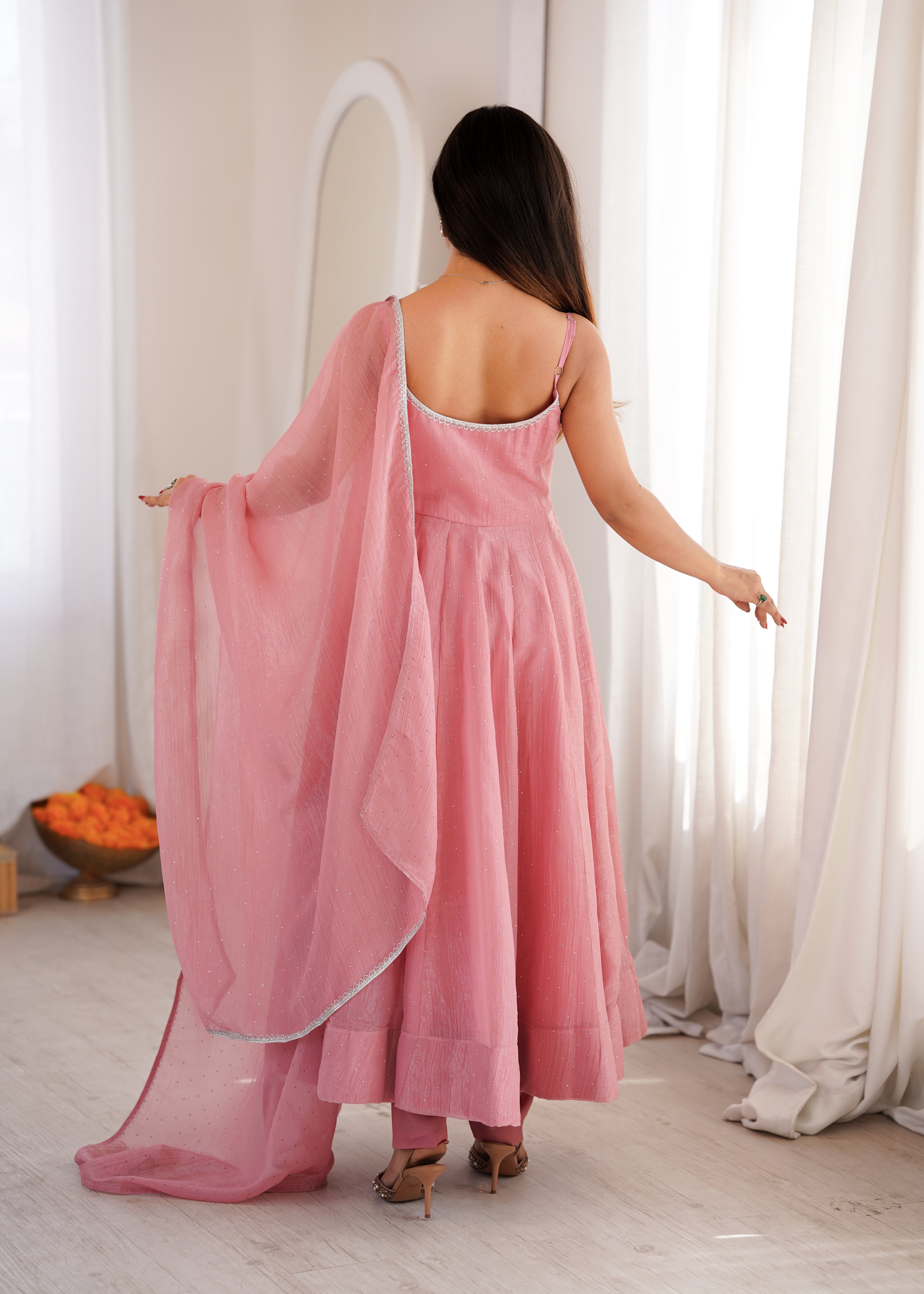 DUSTY PINK COLOR CRUNCHY SILK ANARKALI SUIT SET