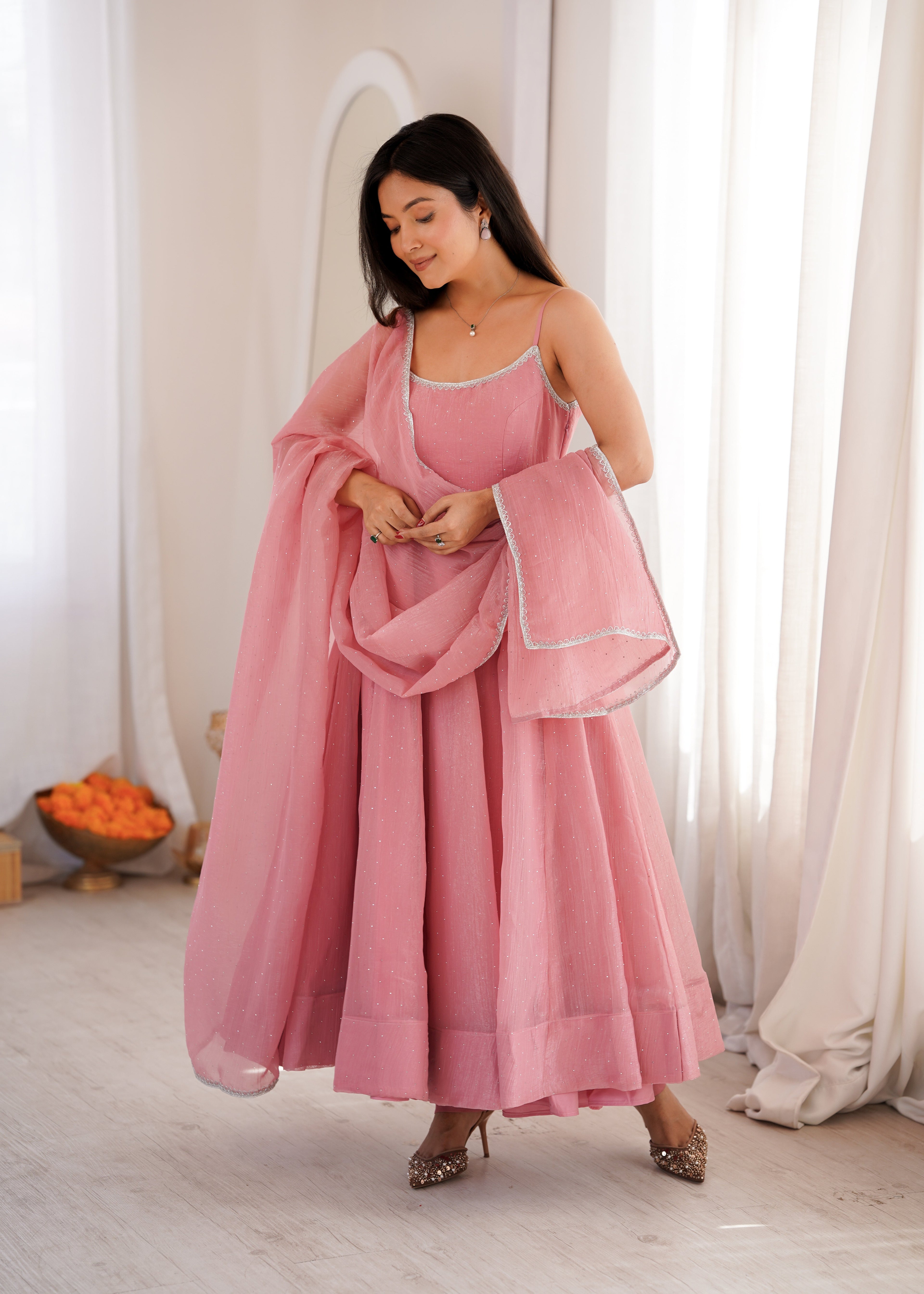 DUSTY PINK COLOR CRUNCHY SILK ANARKALI SUIT SET