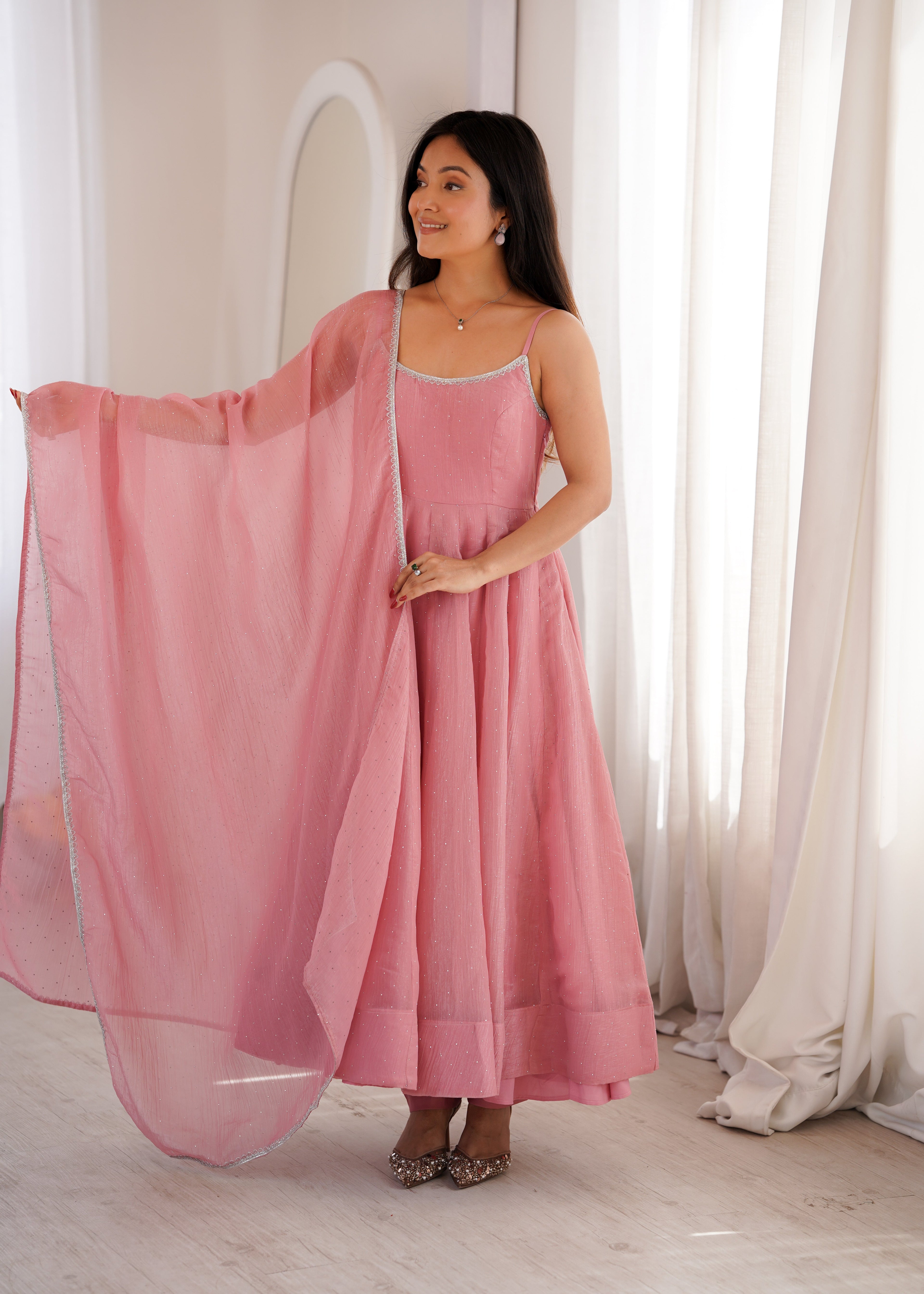 DUSTY PINK COLOR CRUNCHY SILK ANARKALI SUIT SET