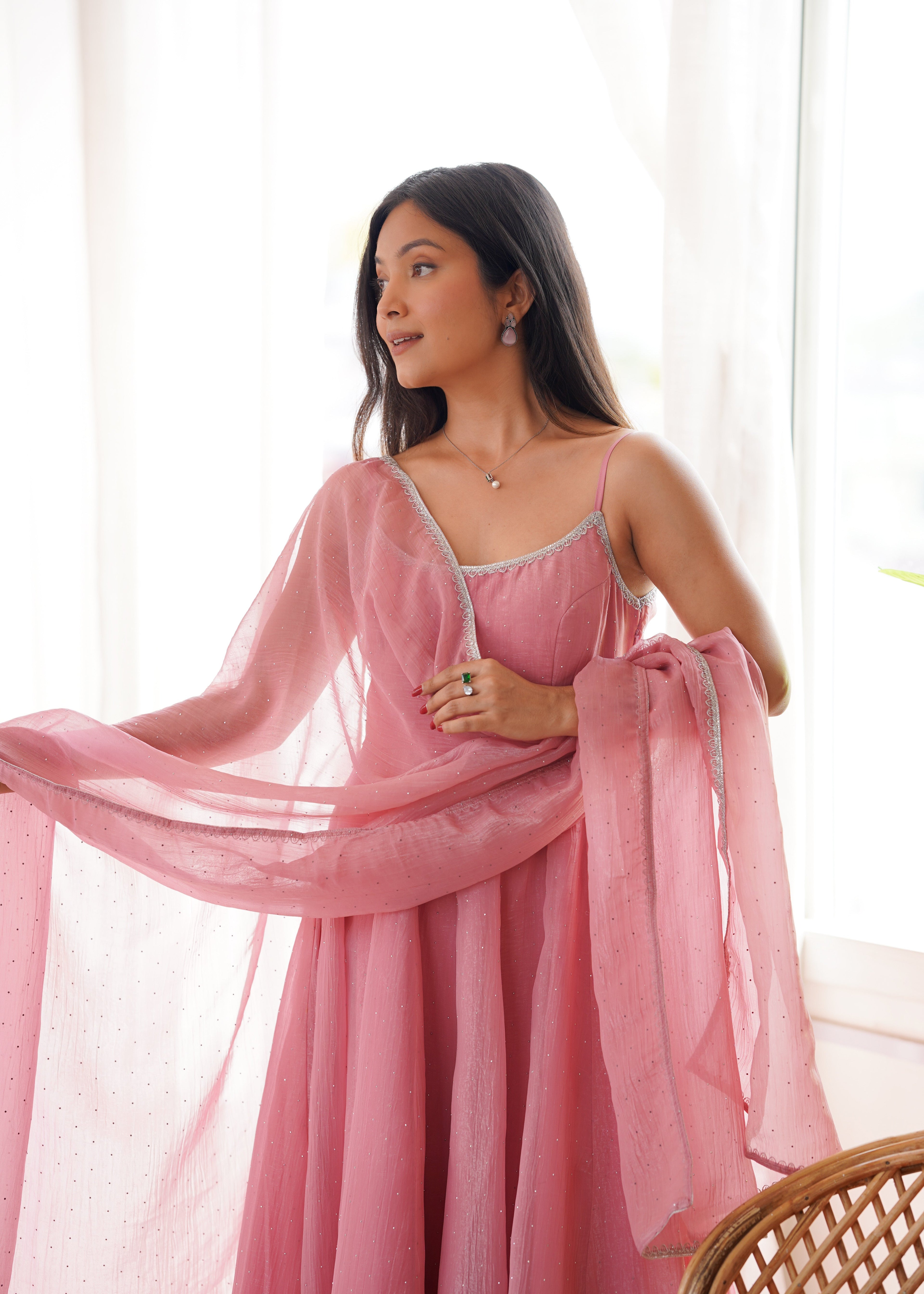 DUSTY PINK COLOR CRUNCHY SILK ANARKALI SUIT SET