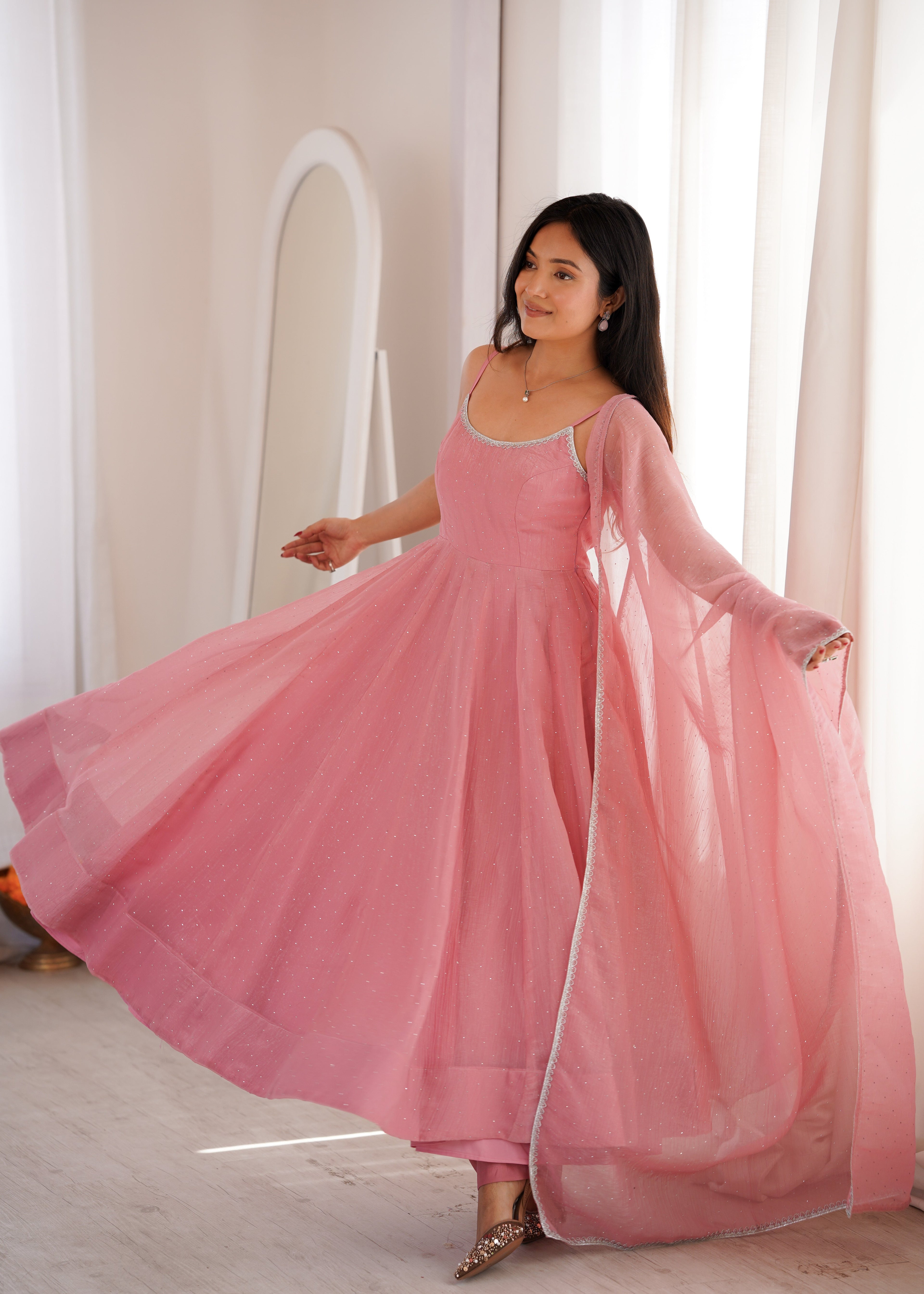 DUSTY PINK COLOR CRUNCHY SILK ANARKALI SUIT SET