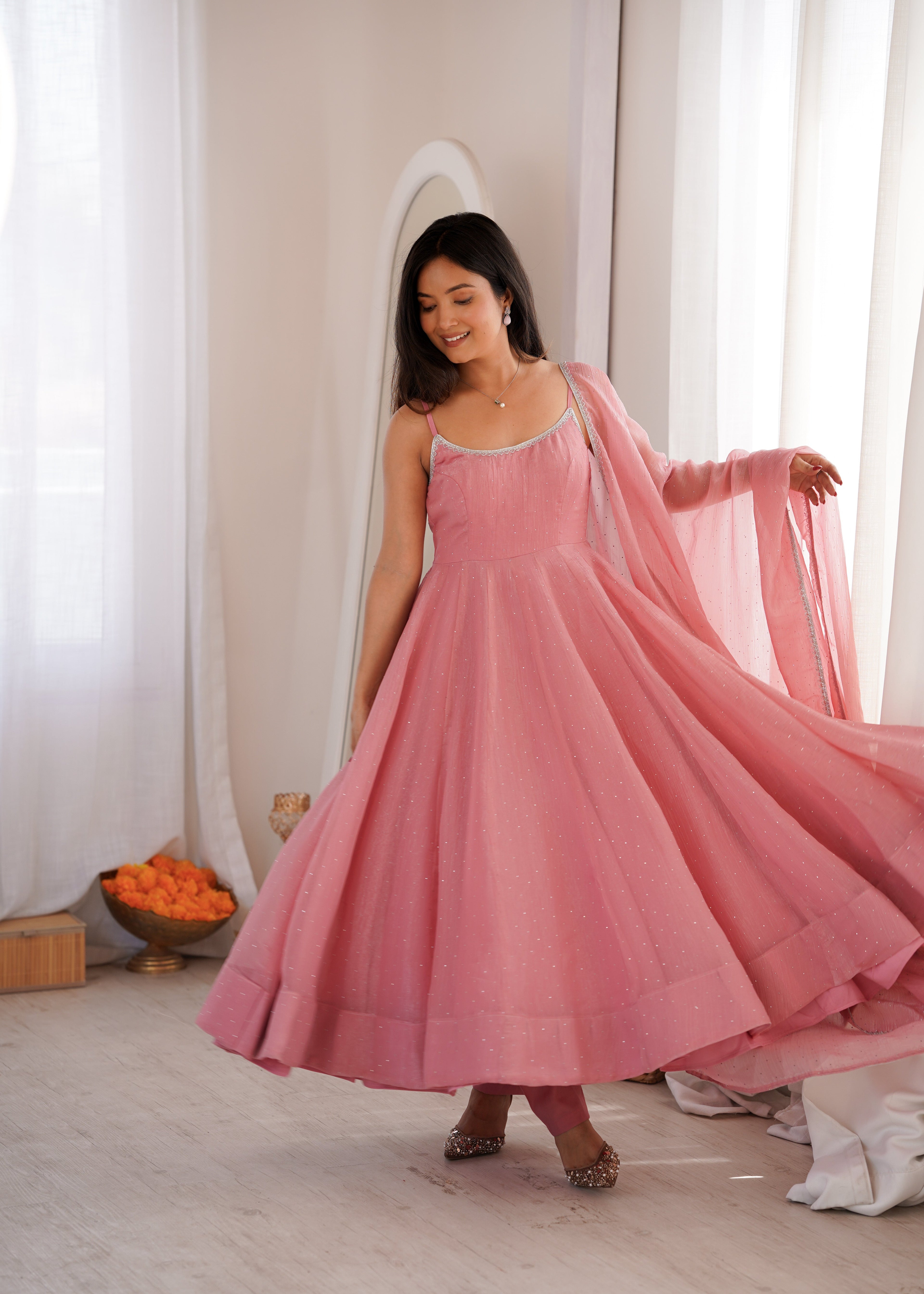 DUSTY PINK COLOR CRUNCHY SILK ANARKALI SUIT SET