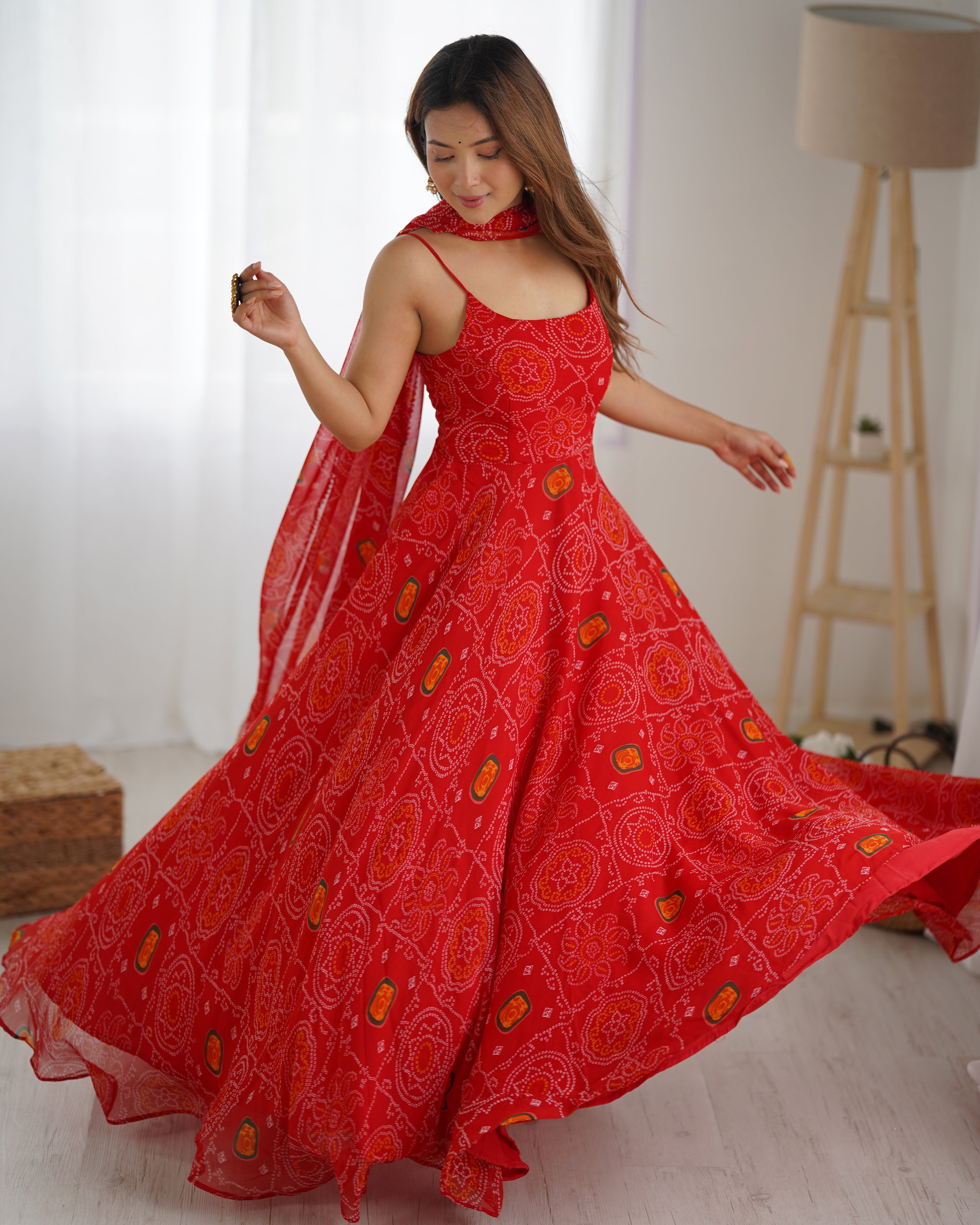 FLORAL RED COLOR BANDHANI PRINT SOFT CHIFFON ANARKALI GOWN