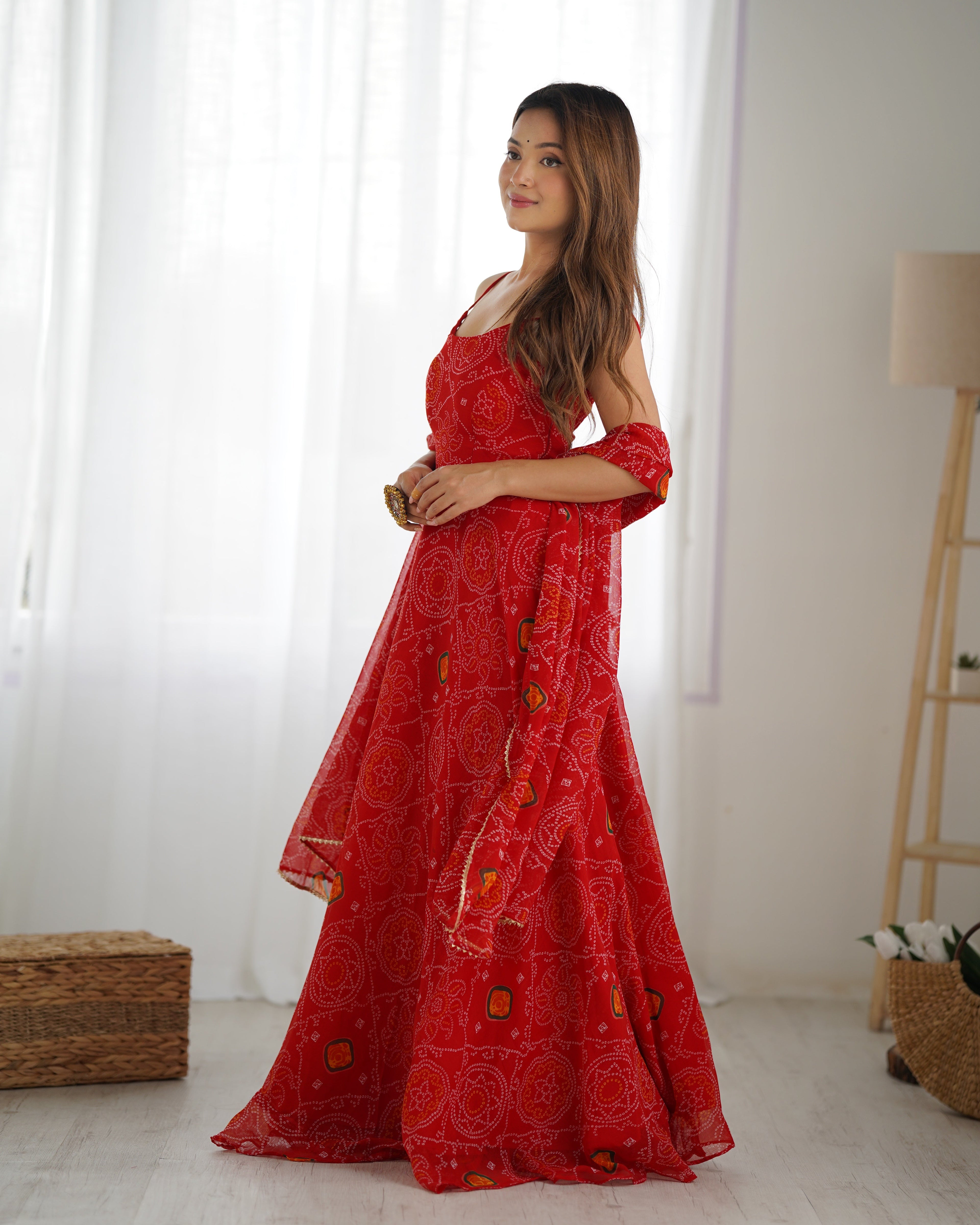 FLORAL RED COLOR BANDHANI PRINT SOFT CHIFFON ANARKALI GOWN
