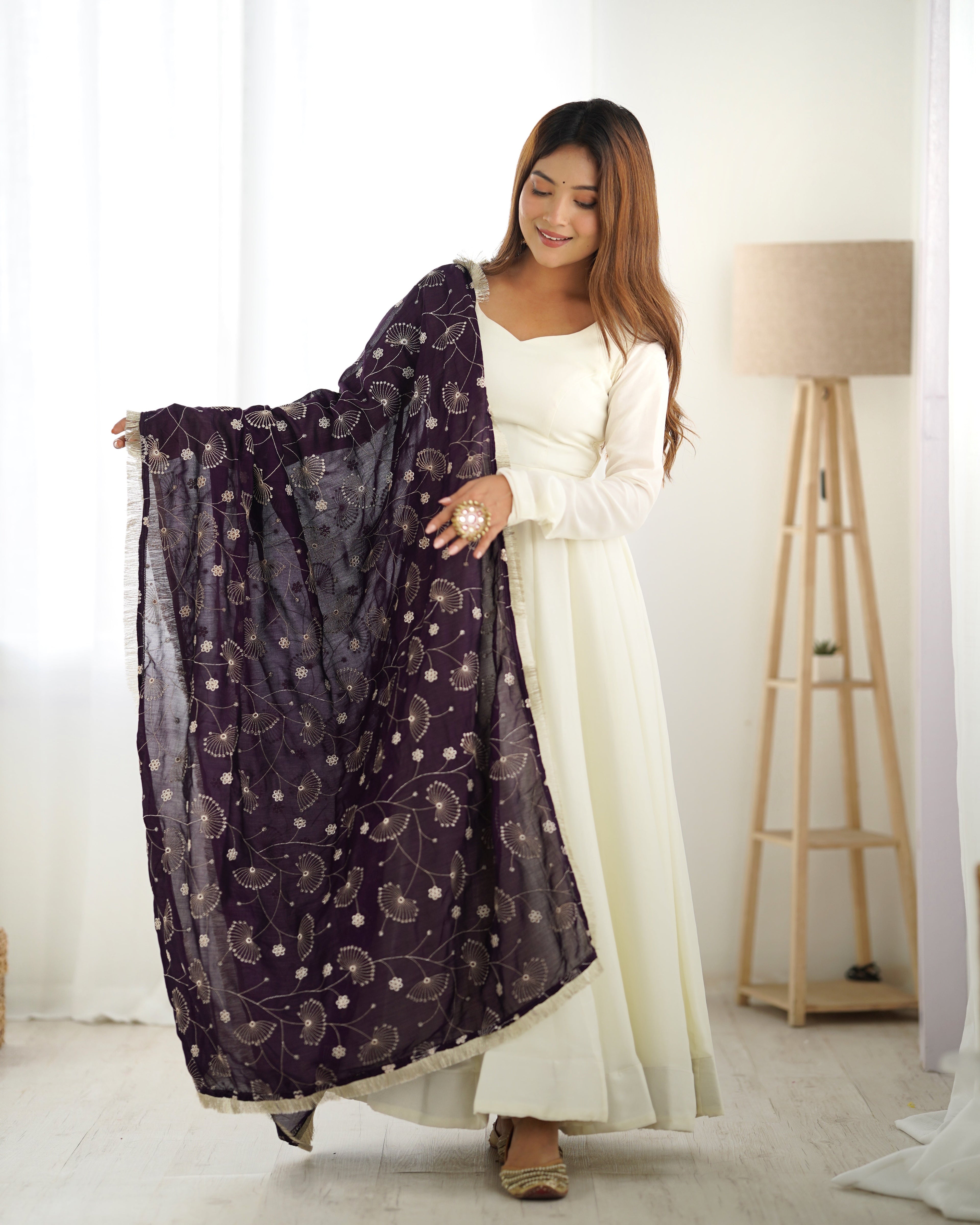WHITE COLOR SOFT VICHITRA SILK ANARKALI WITH DARK PURPLE DUPATTA