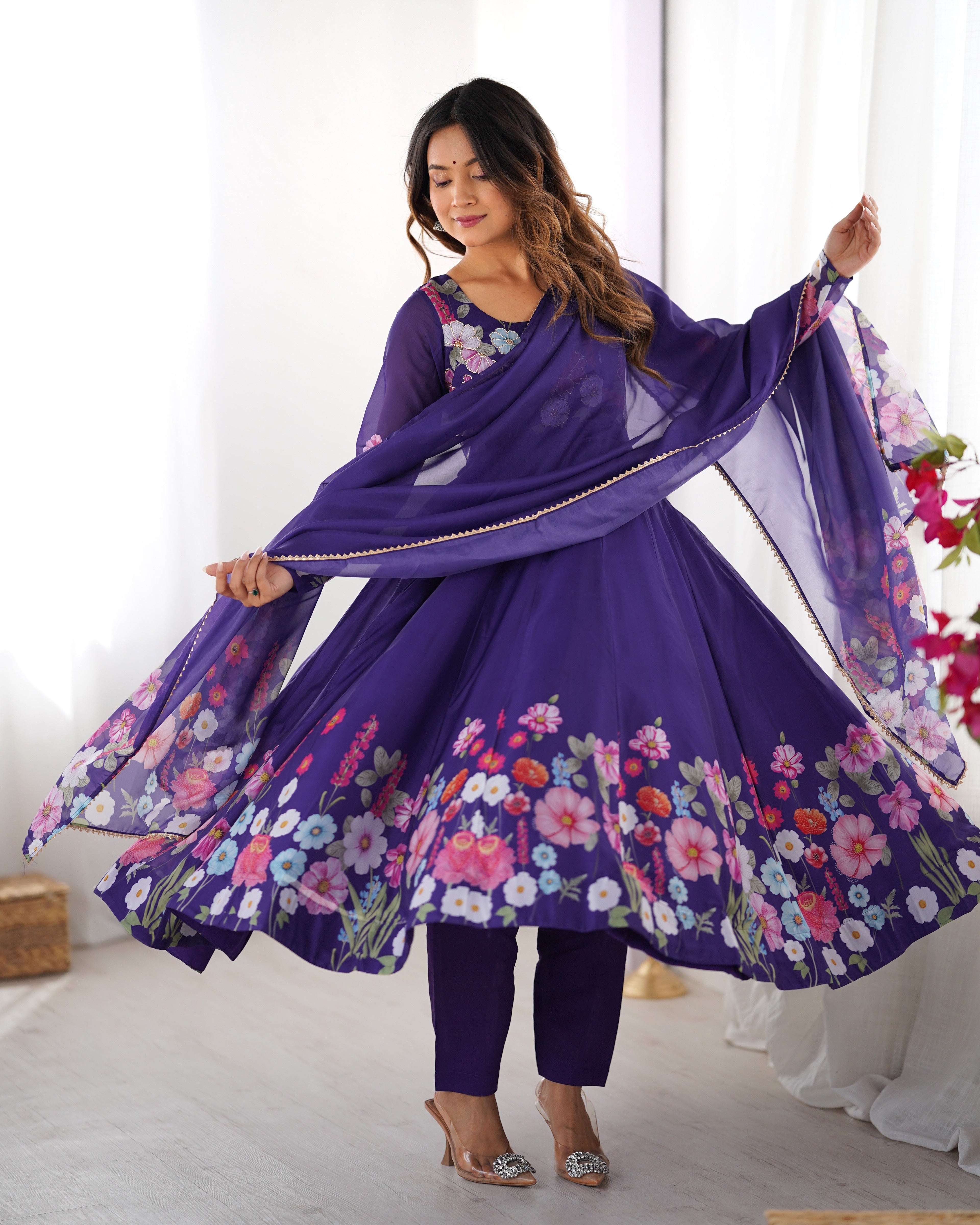 PURPLE FLORAL PRINT ORGANZA THREE PIECE ANARKALI SUIT