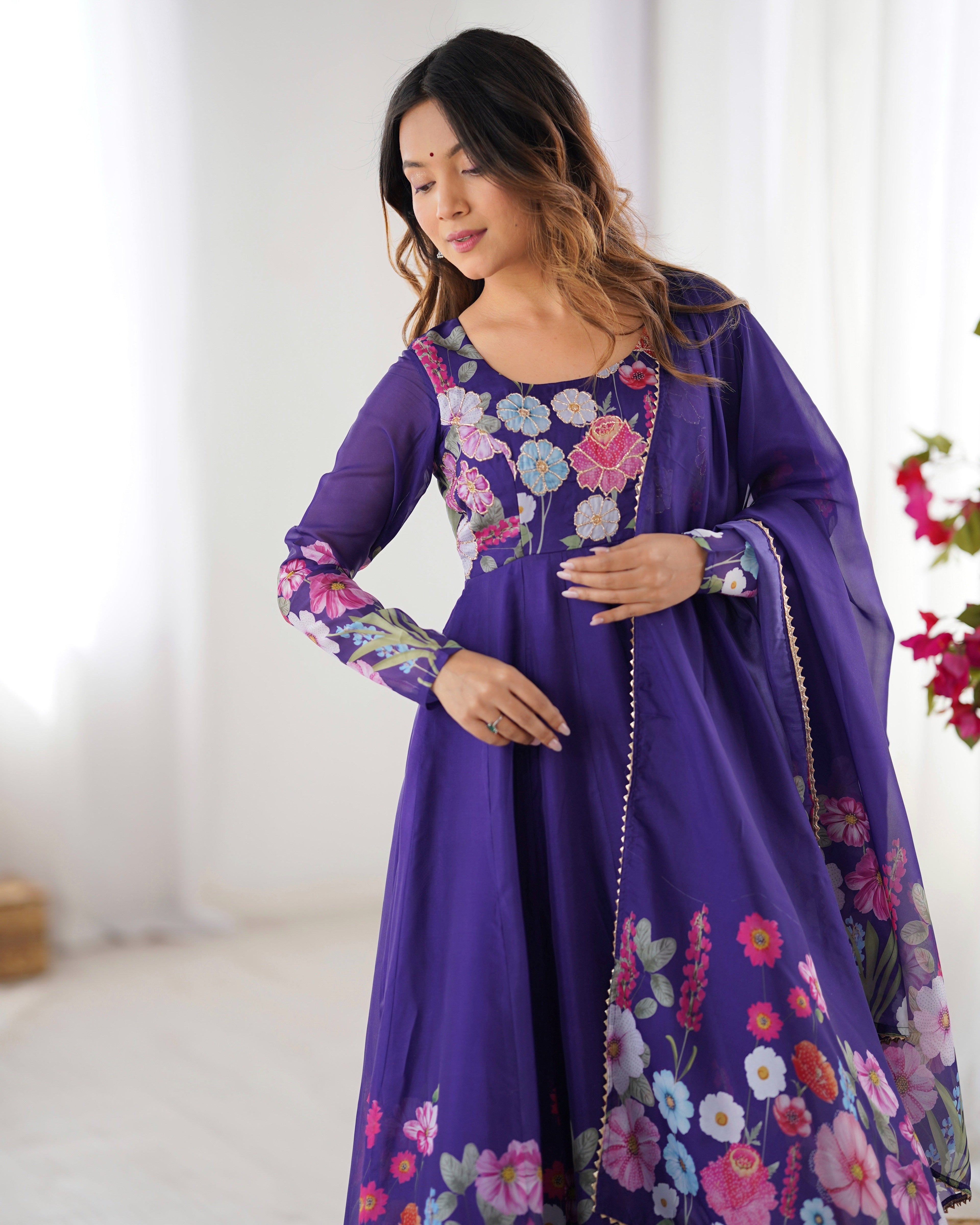 PURPLE FLORAL PRINT ORGANZA THREE PIECE ANARKALI SUIT