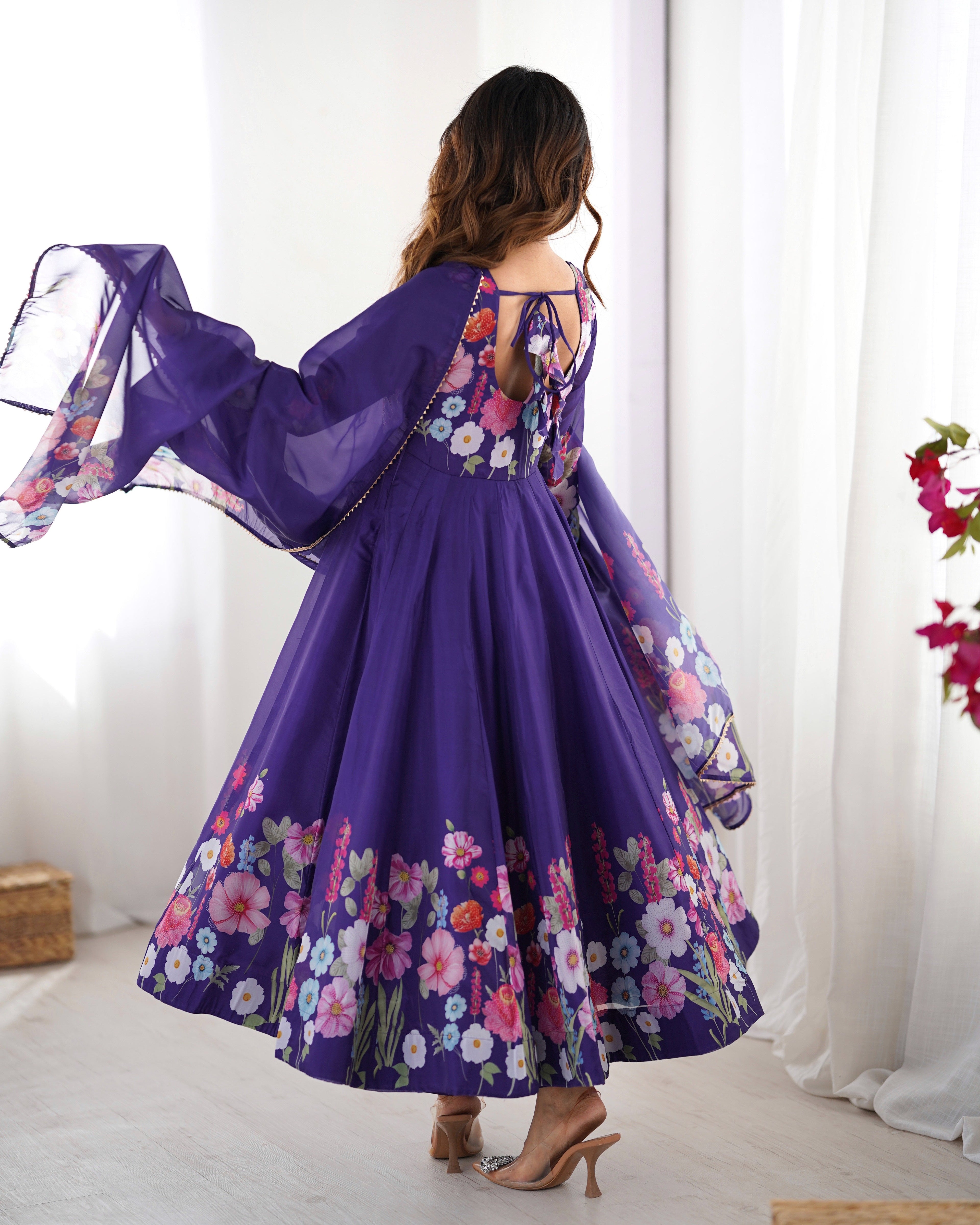 PURPLE FLORAL PRINT ORGANZA THREE PIECE ANARKALI SUIT