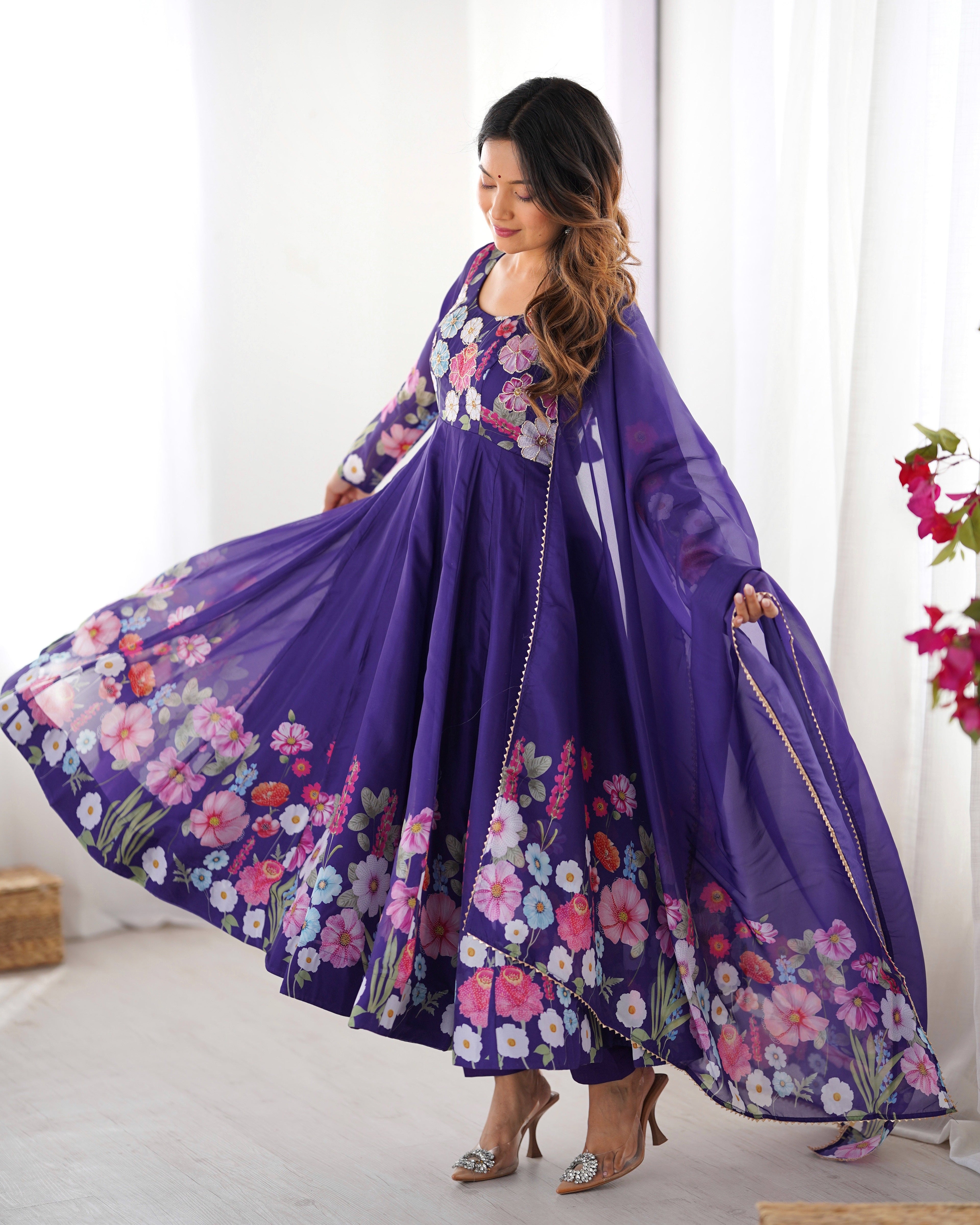PURPLE FLORAL PRINT ORGANZA THREE PIECE ANARKALI SUIT